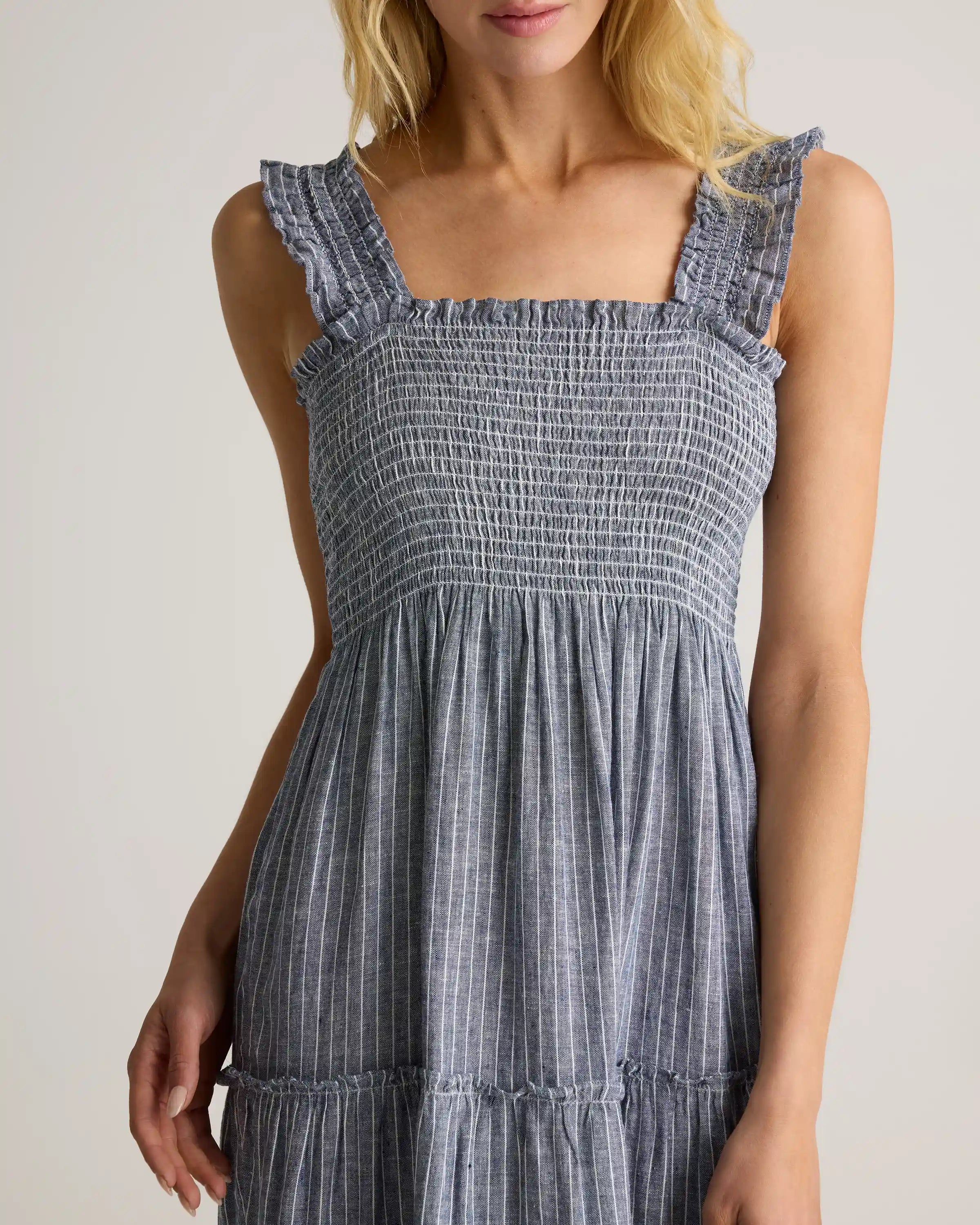 100% European Linen Smocked Midi Dress