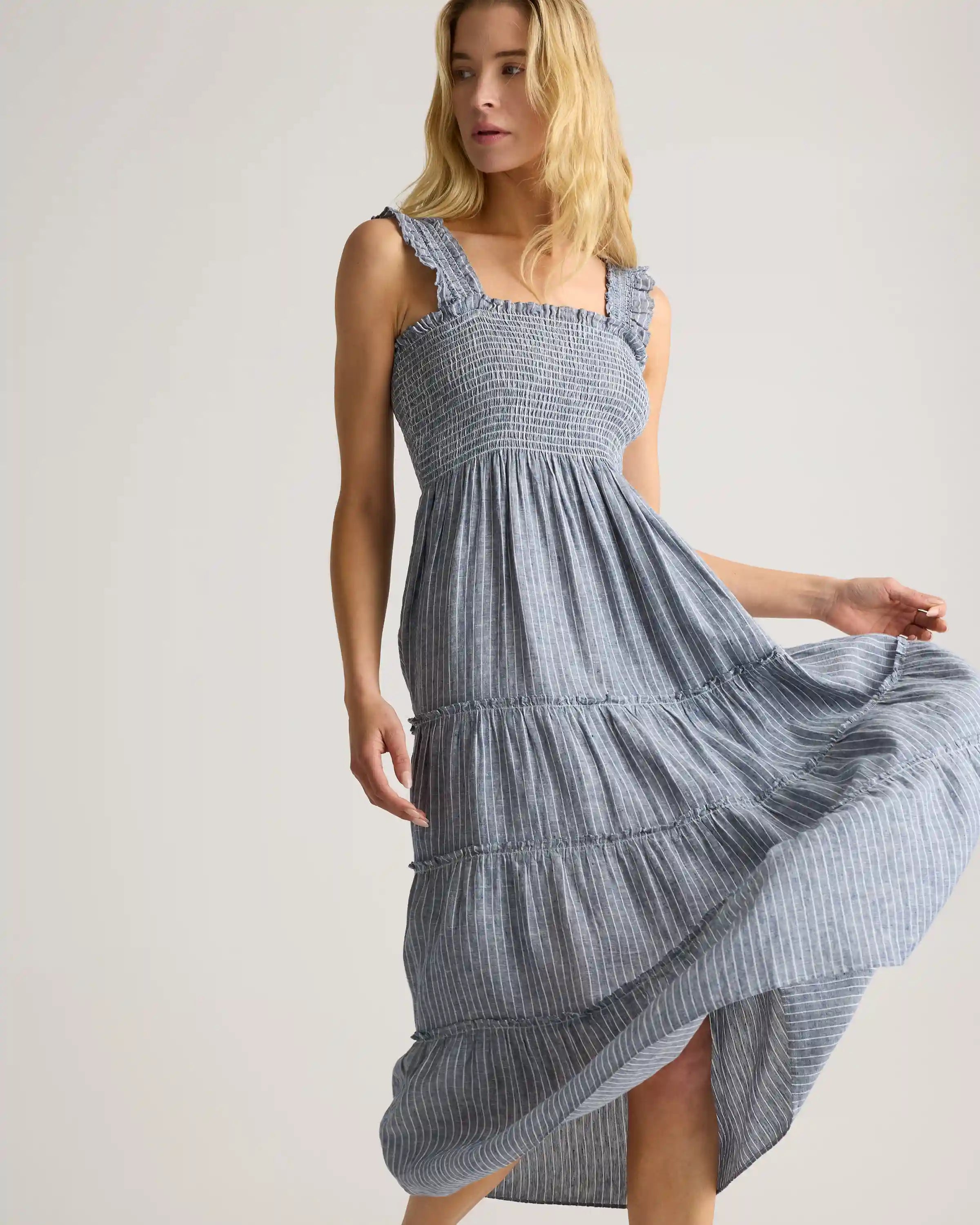 100% European Linen Smocked Midi Dress