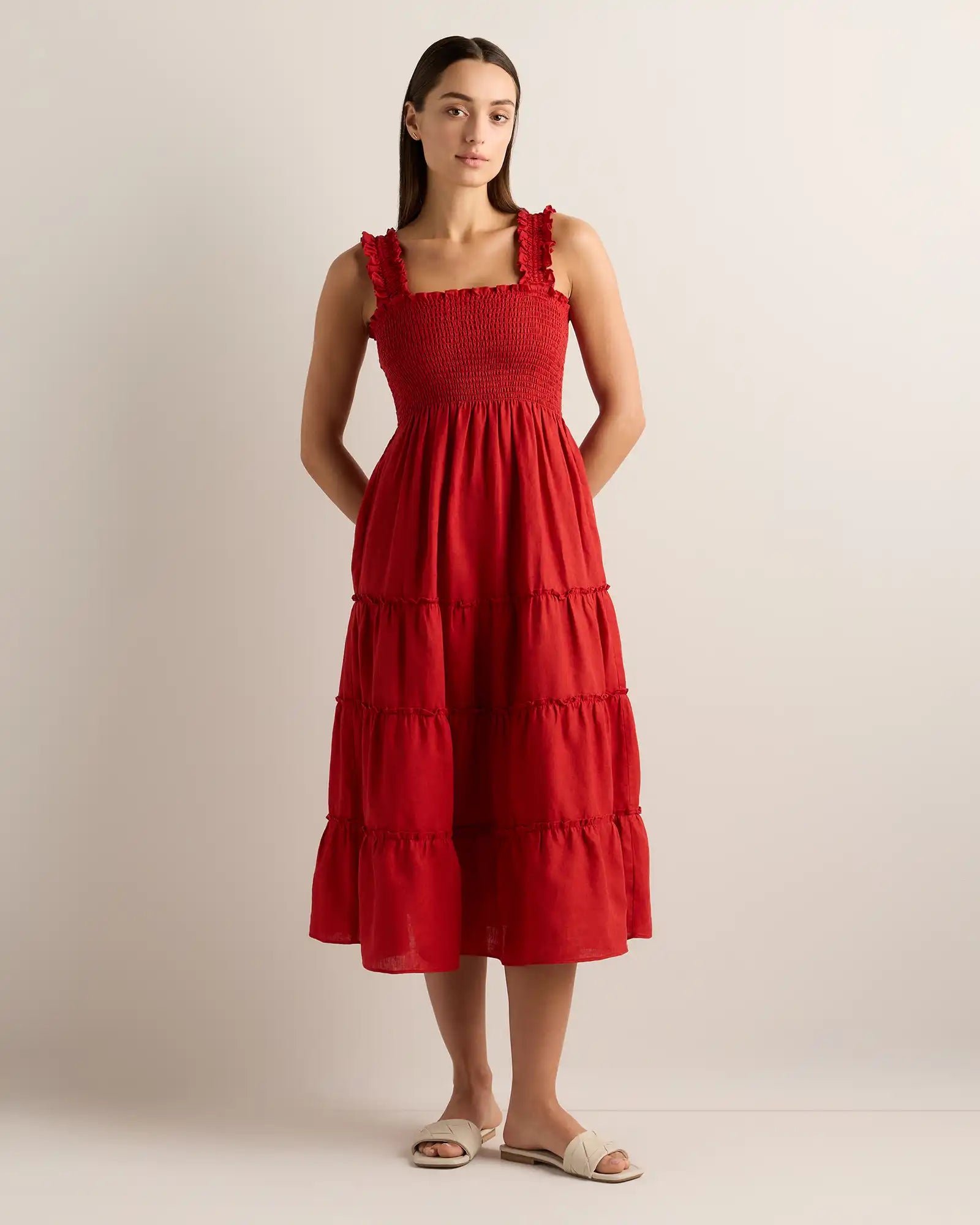100% European Linen Smocked Midi Dress