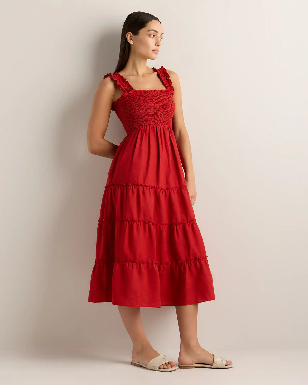 100% European Linen Smocked Midi Dress