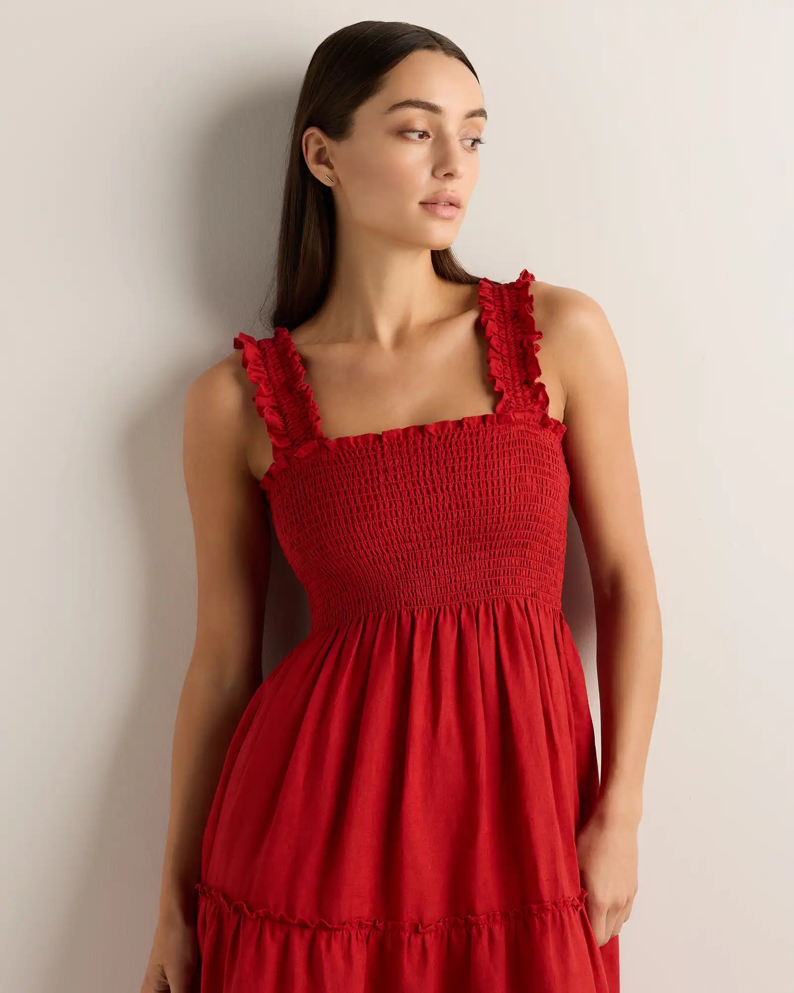 100% European Linen Smocked Midi Dress