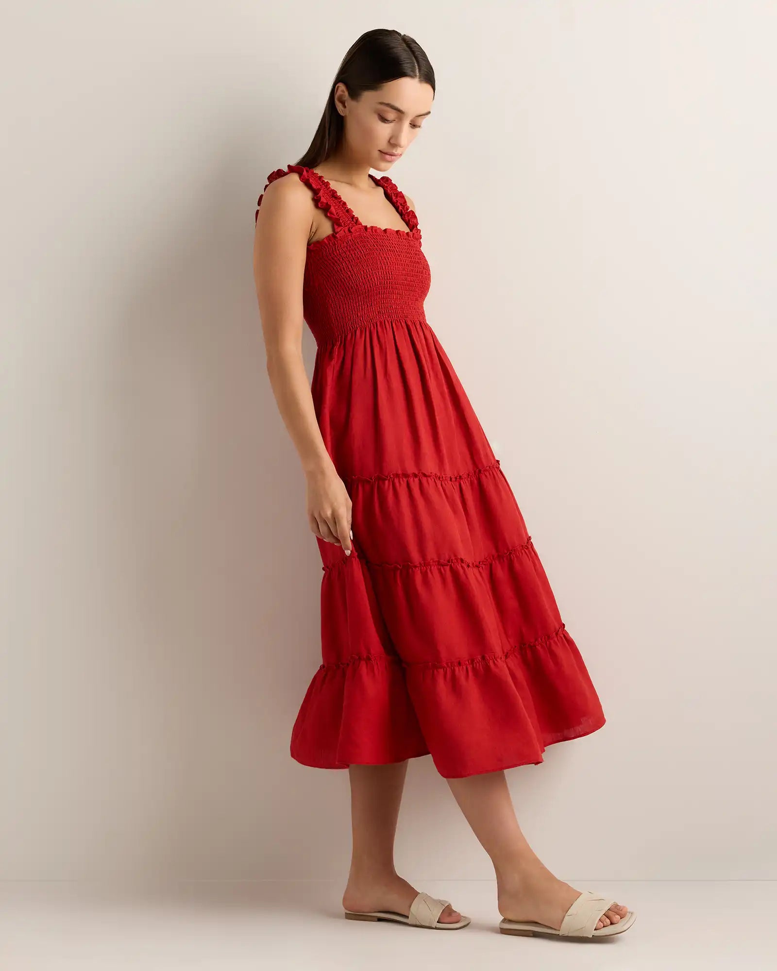 100% European Linen Smocked Midi Dress