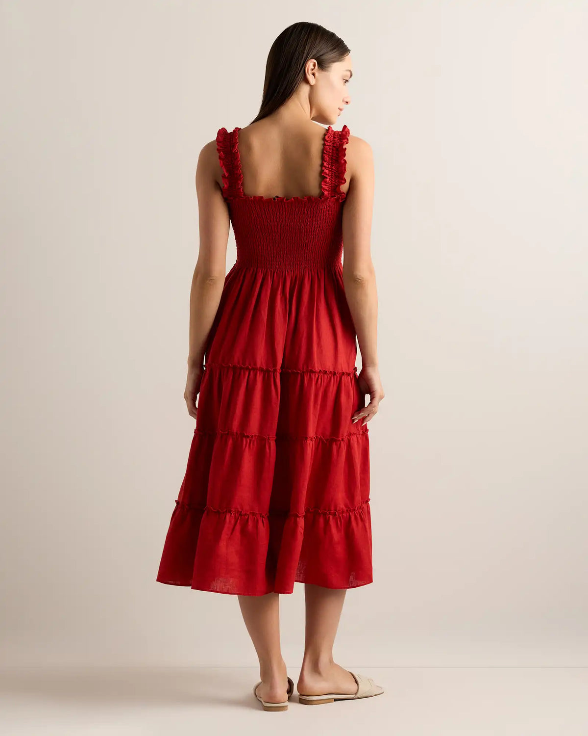 100% European Linen Smocked Midi Dress