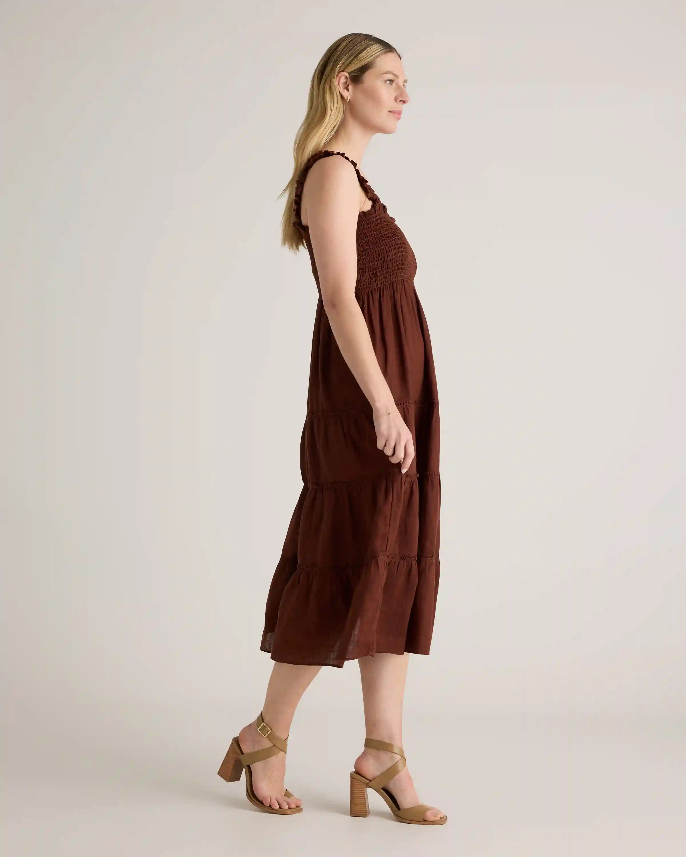 100% European Linen Smocked Midi Dress