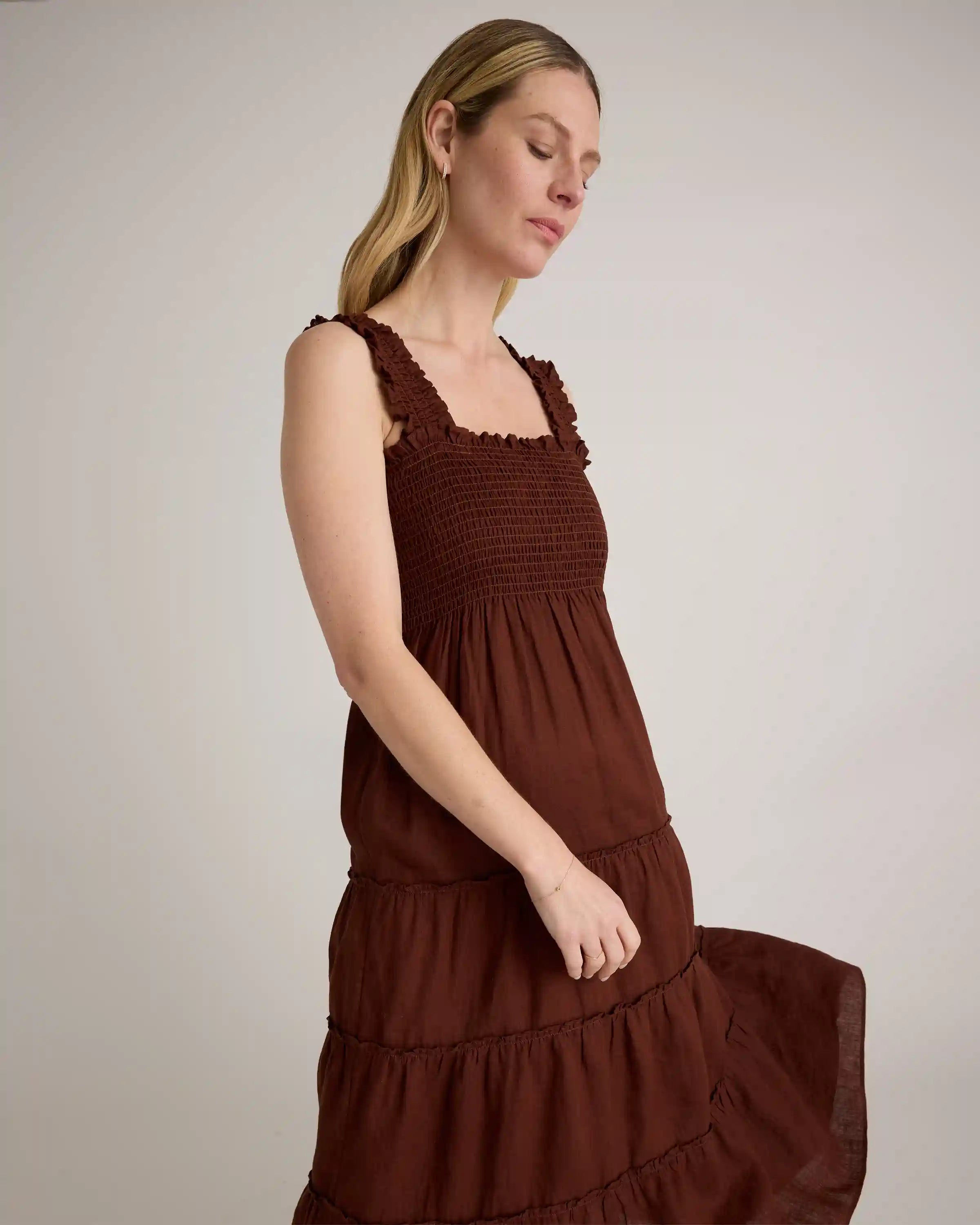 100% European Linen Smocked Midi Dress