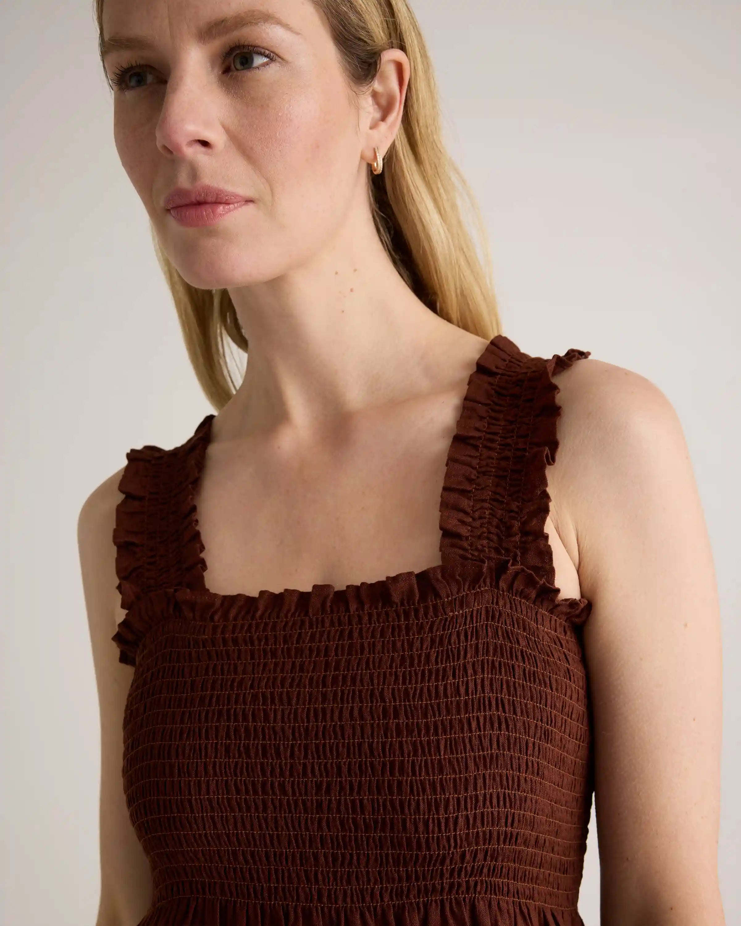 100% European Linen Smocked Midi Dress