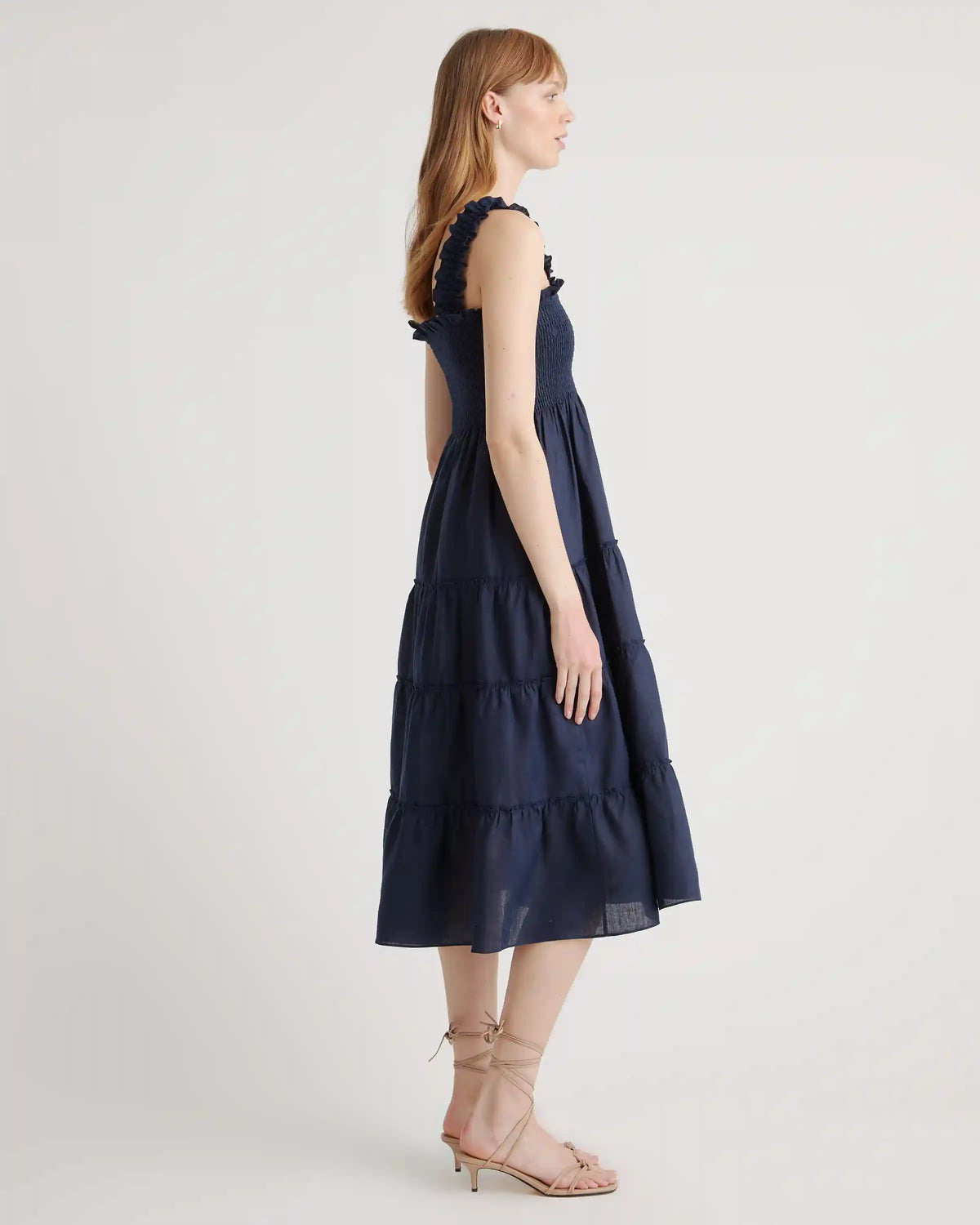100% European Linen Smocked Midi Dress