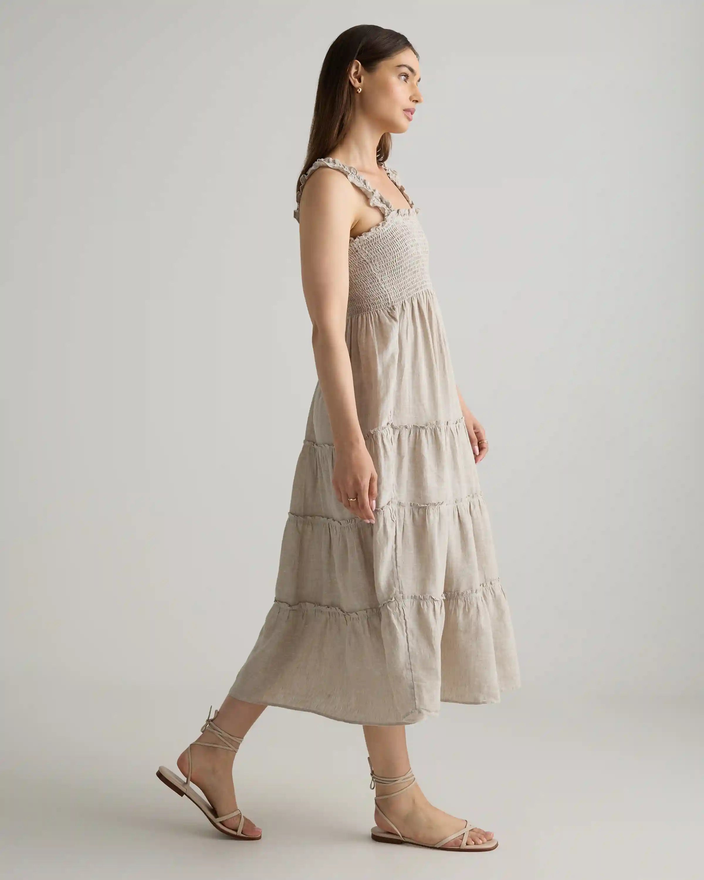 100% European Linen Smocked Midi Dress
