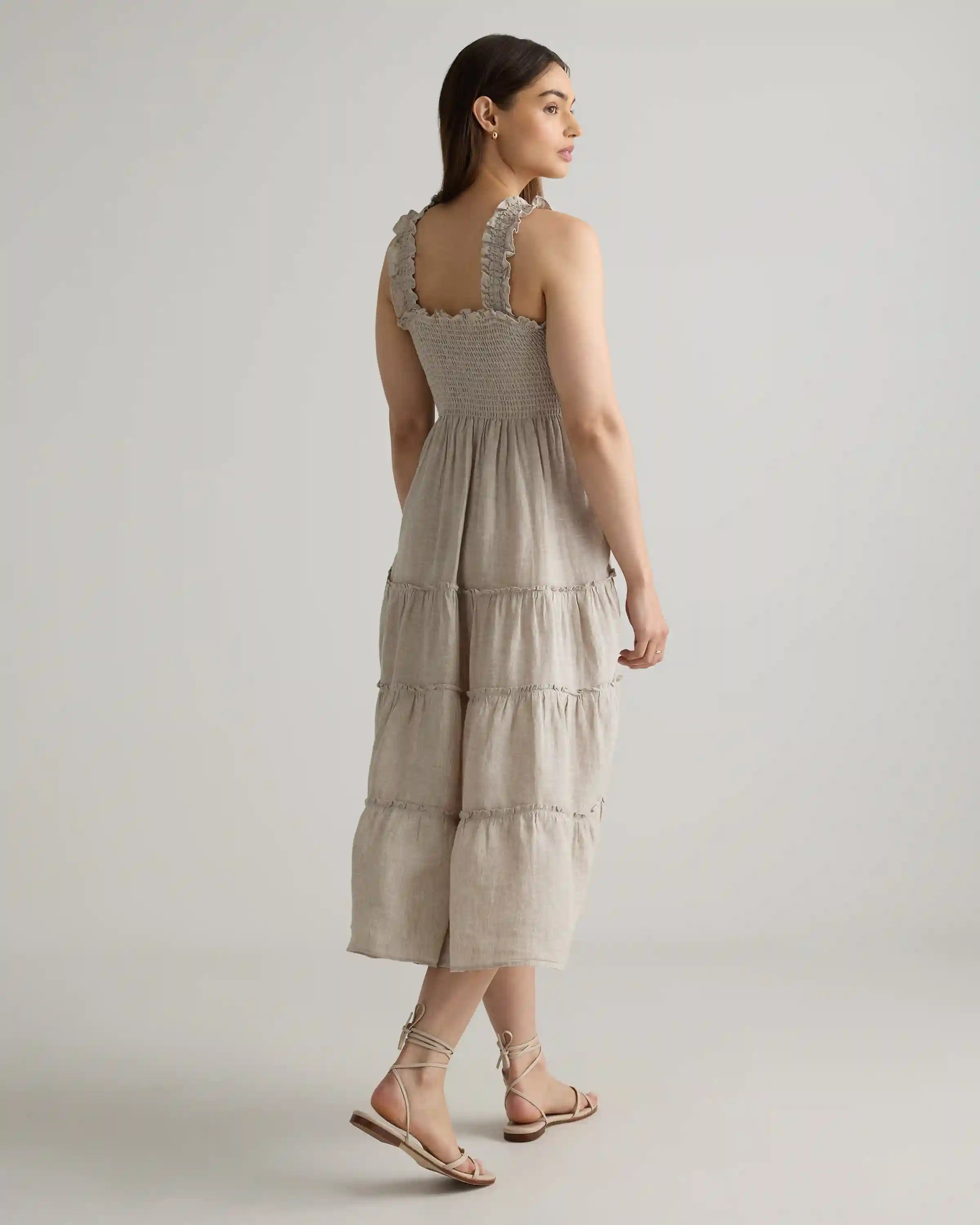 100% European Linen Smocked Midi Dress
