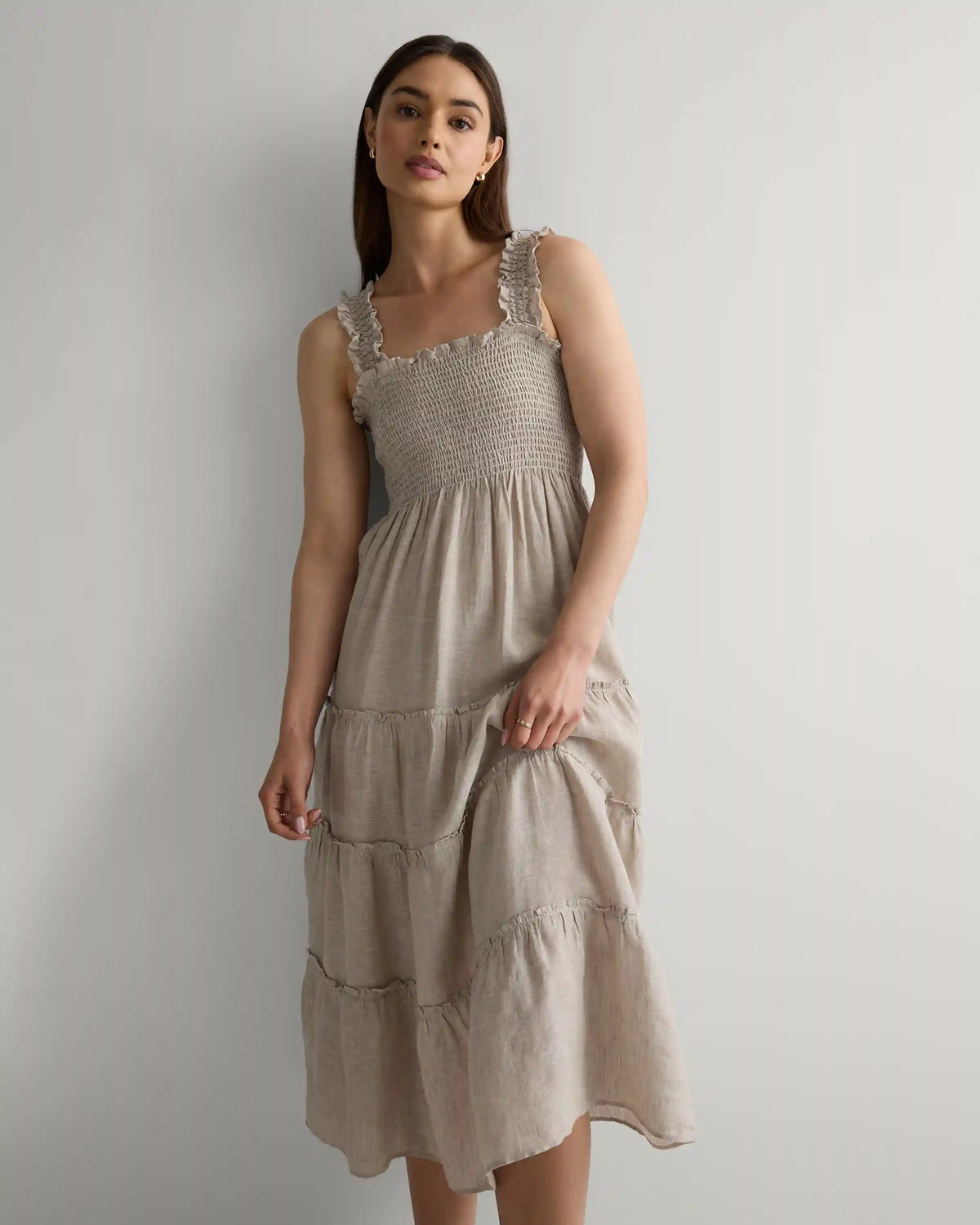 100% European Linen Smocked Midi Dress