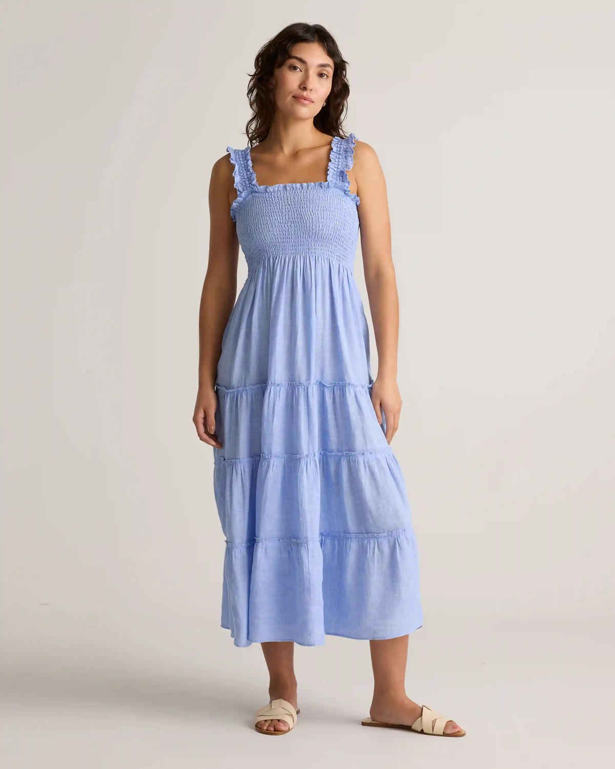 100% European Linen Smocked Midi Dress