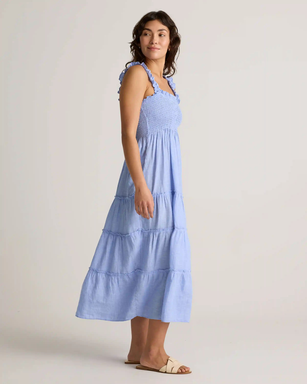 100% European Linen Smocked Midi Dress