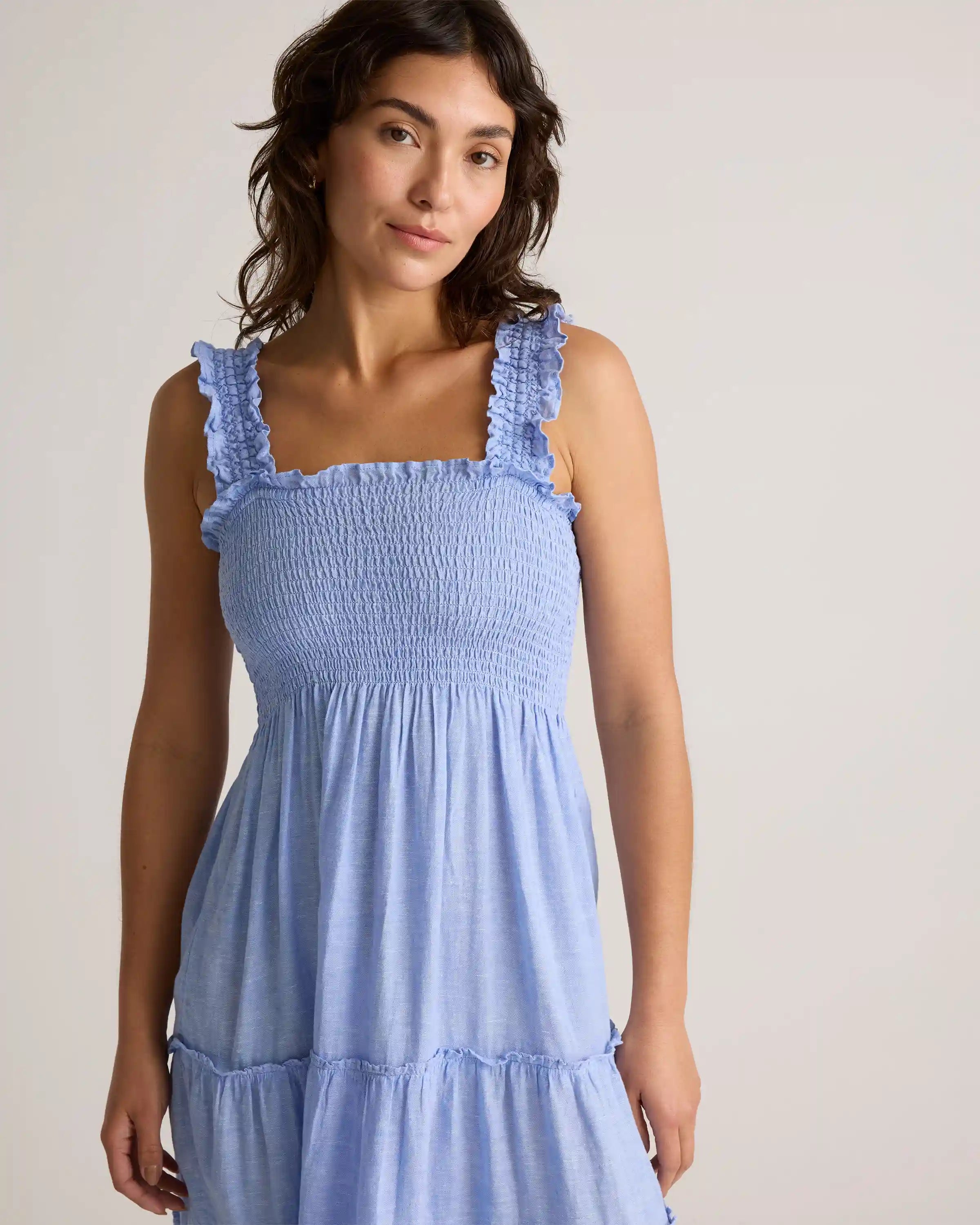 100% European Linen Smocked Midi Dress