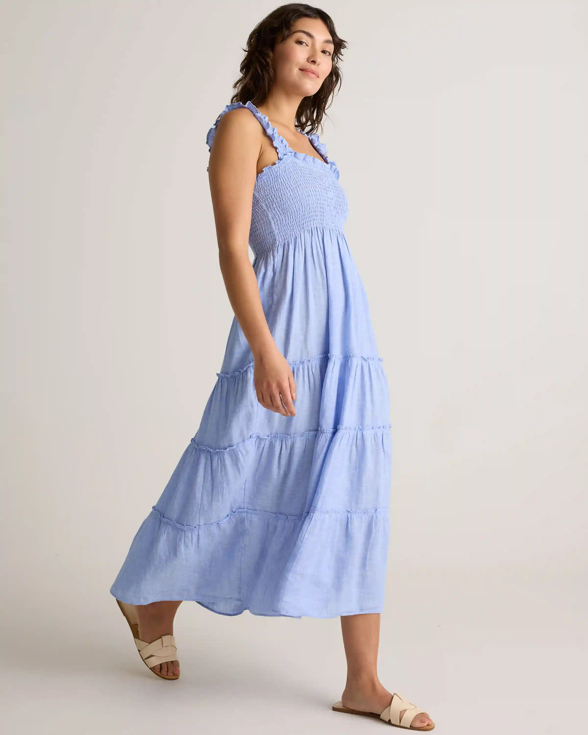 100% European Linen Smocked Midi Dress