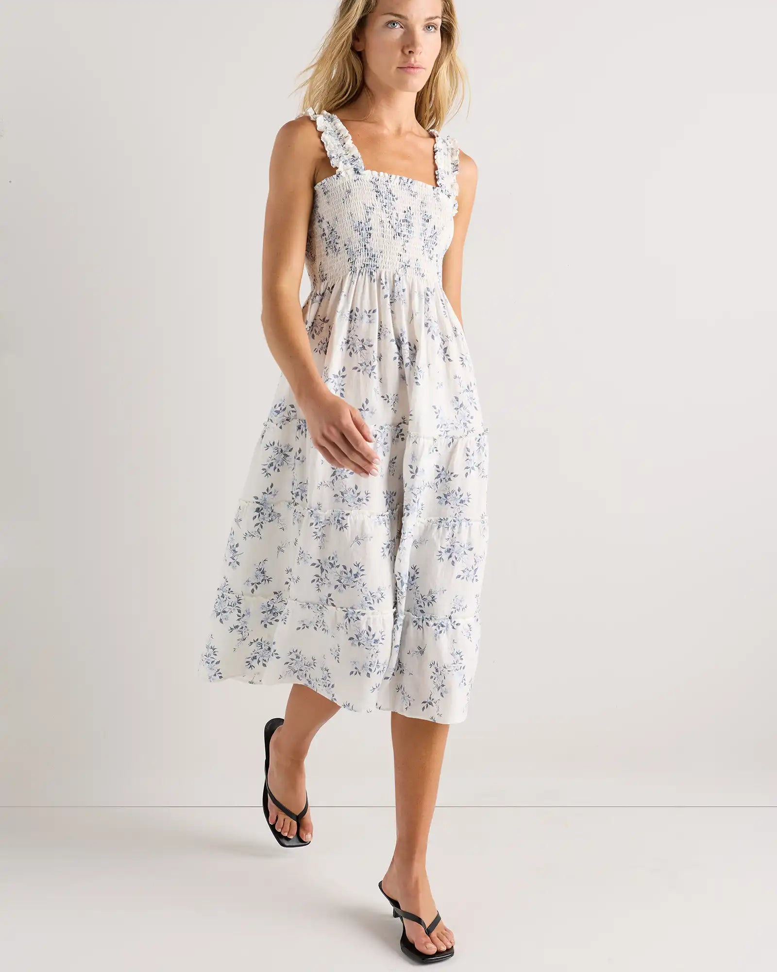 100% European Linen Smocked Midi Dress