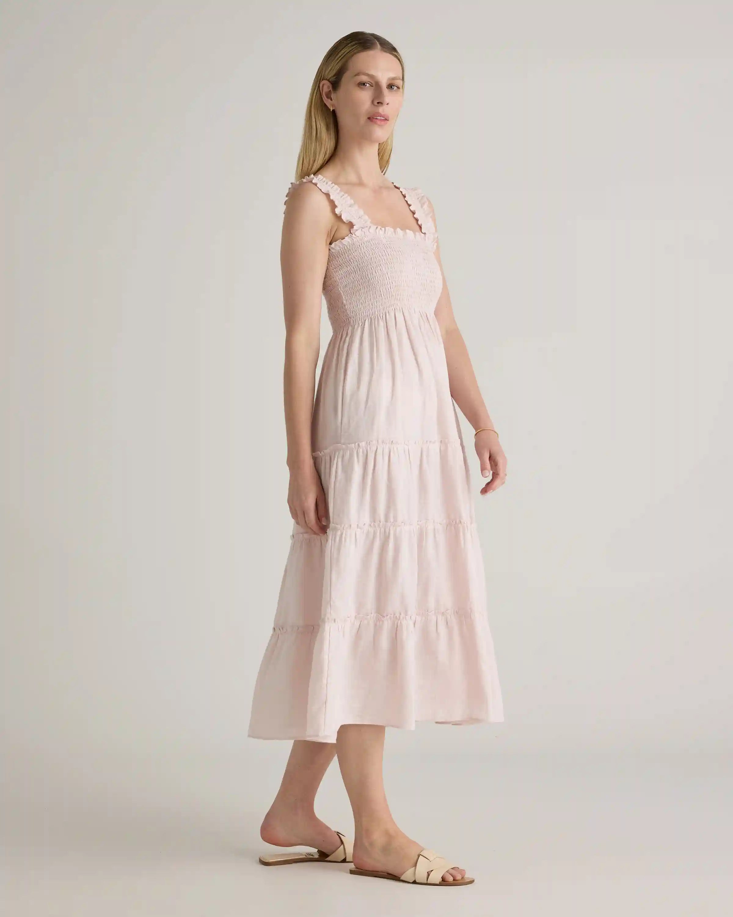 100% European Linen Smocked Midi Dress