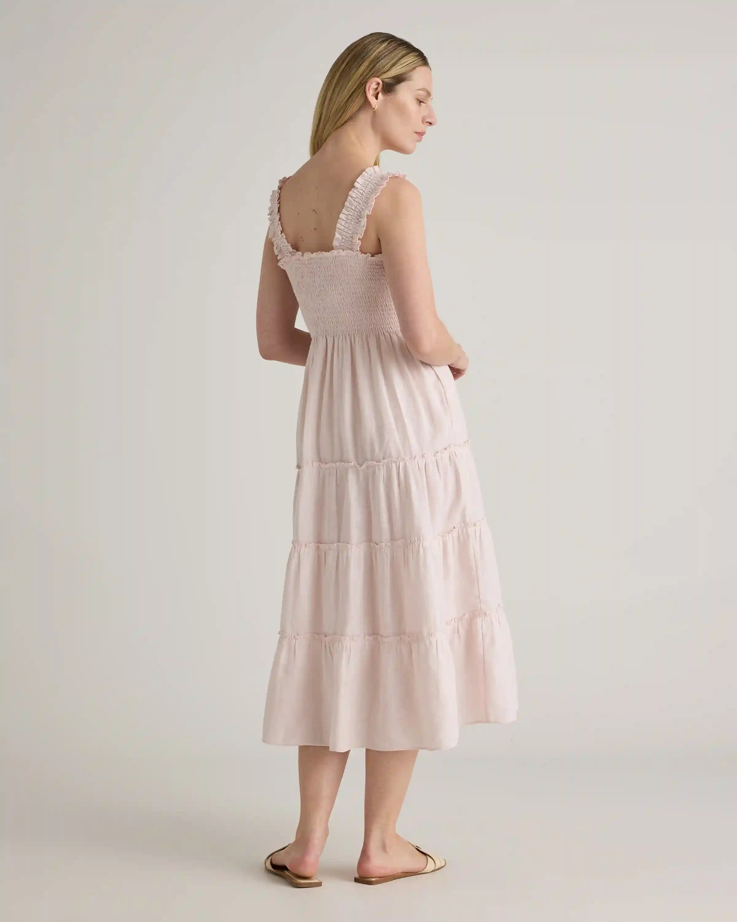 100% European Linen Smocked Midi Dress