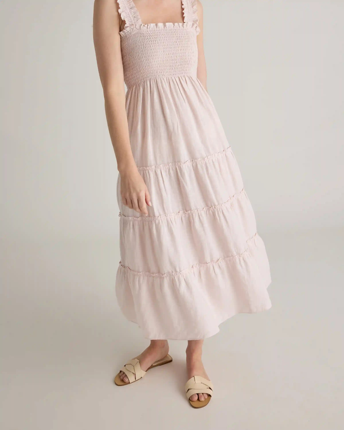 100% European Linen Smocked Midi Dress