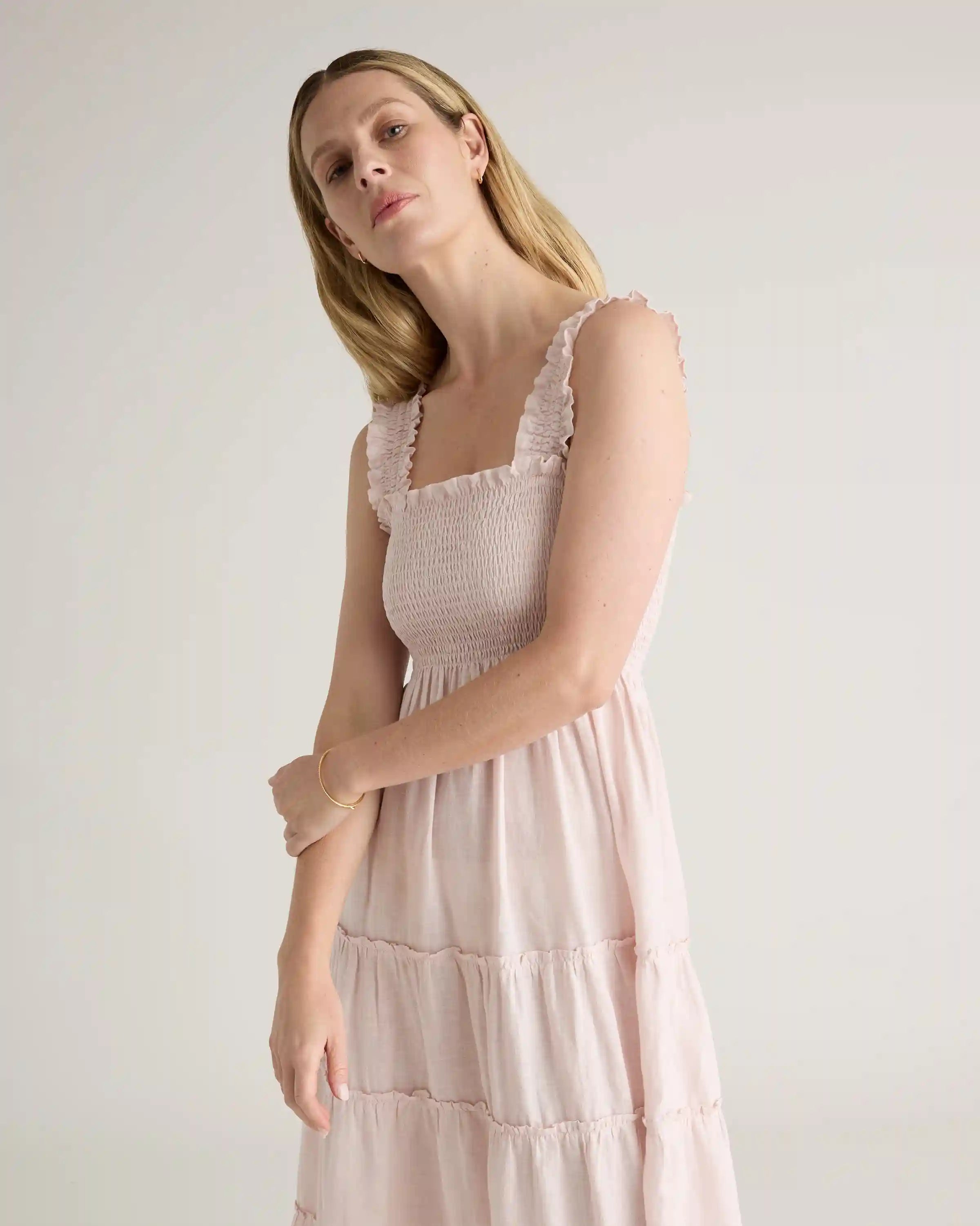 100% European Linen Smocked Midi Dress