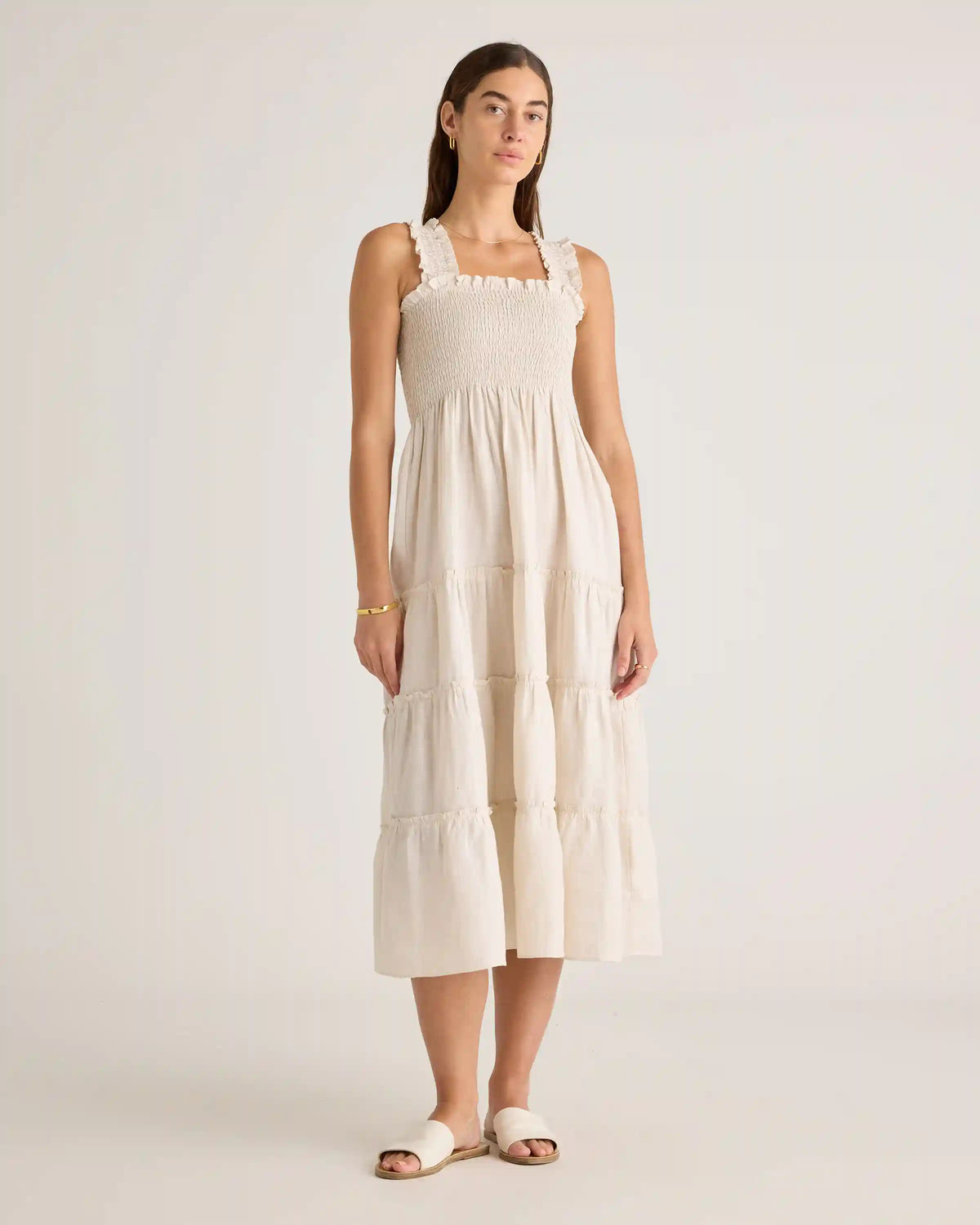 100% European Linen Smocked Midi Dress