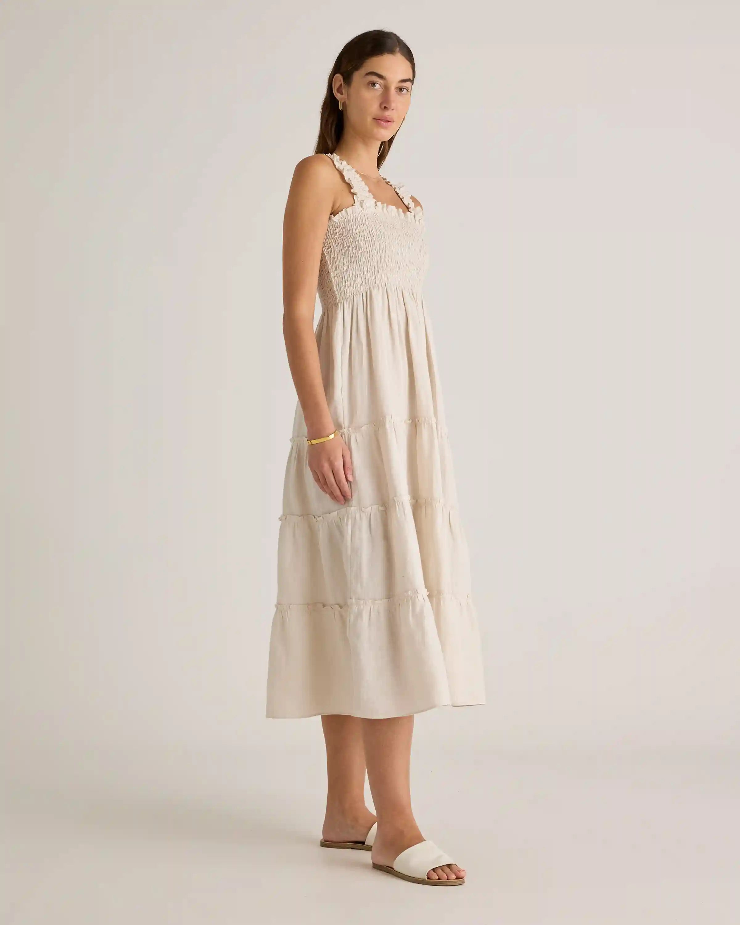 100% European Linen Smocked Midi Dress