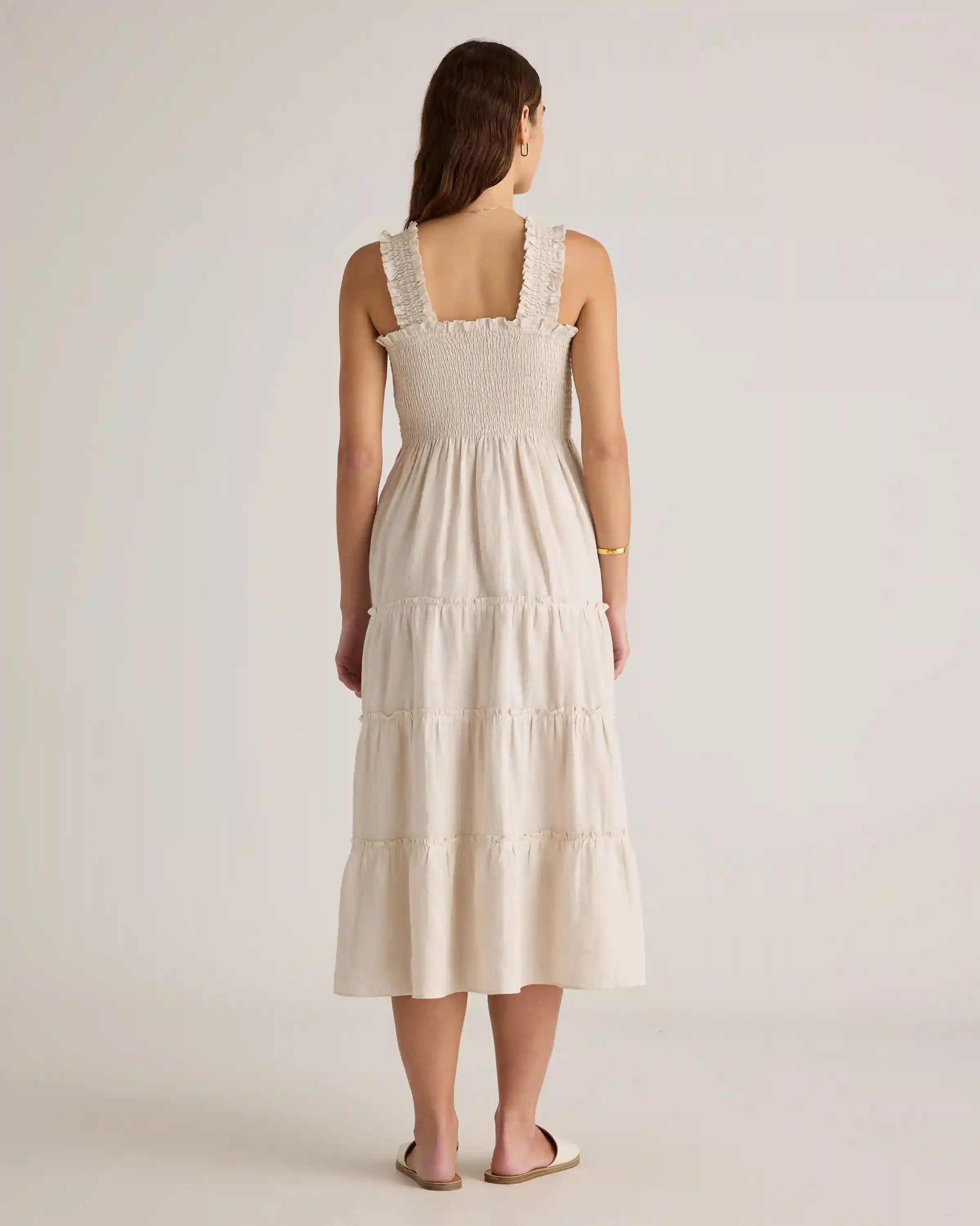 100% European Linen Smocked Midi Dress