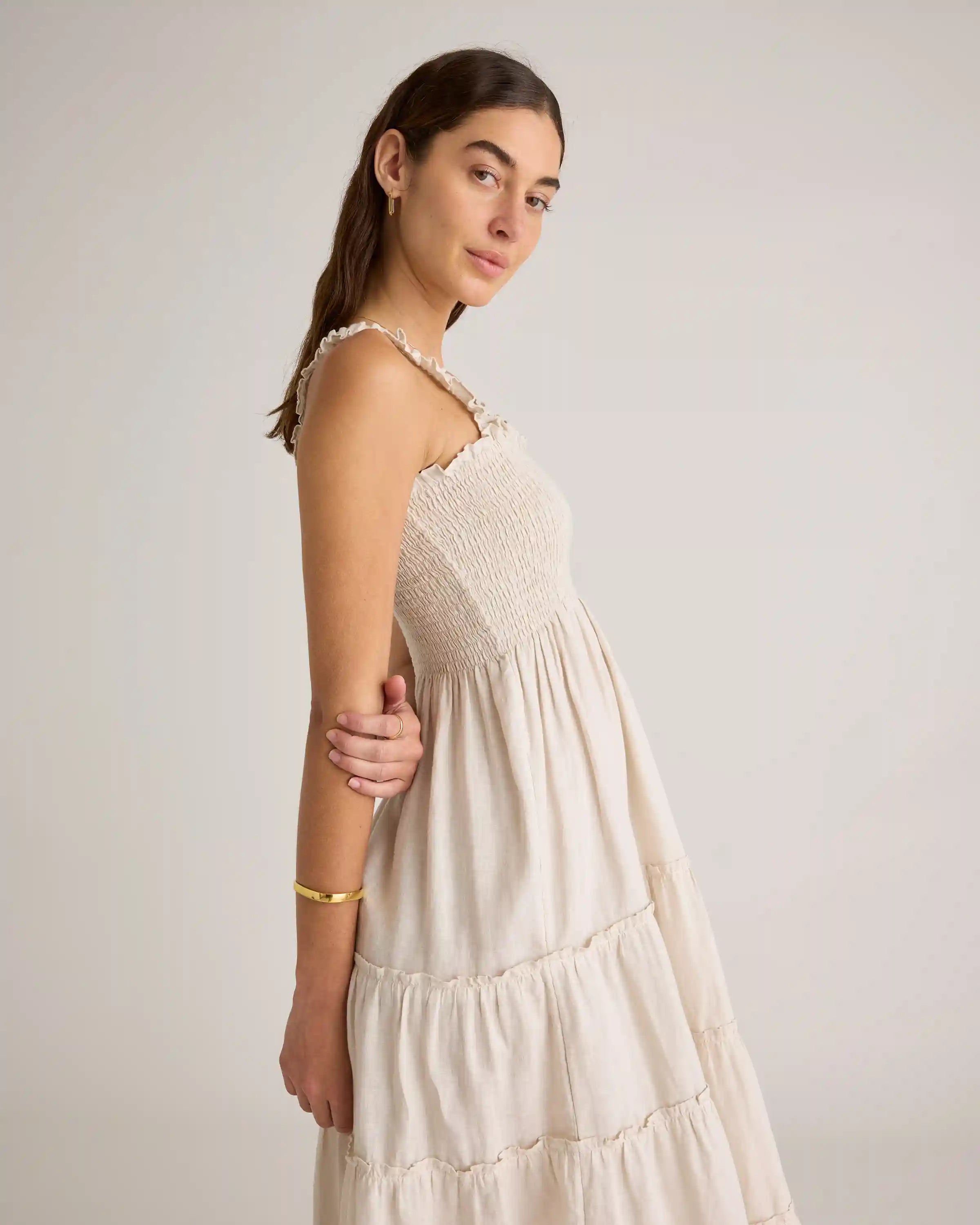 100% European Linen Smocked Midi Dress