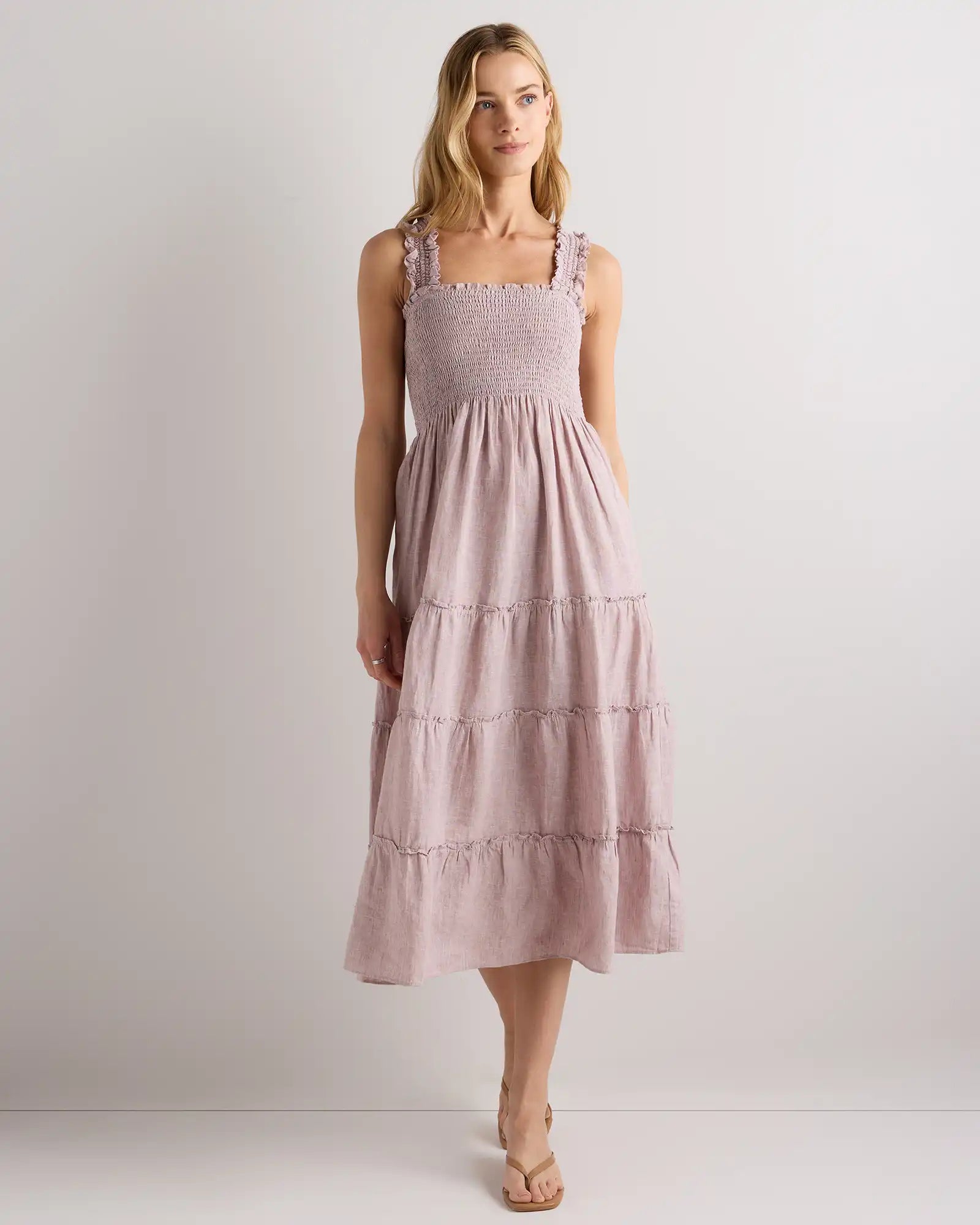 100% European Linen Smocked Midi Dress