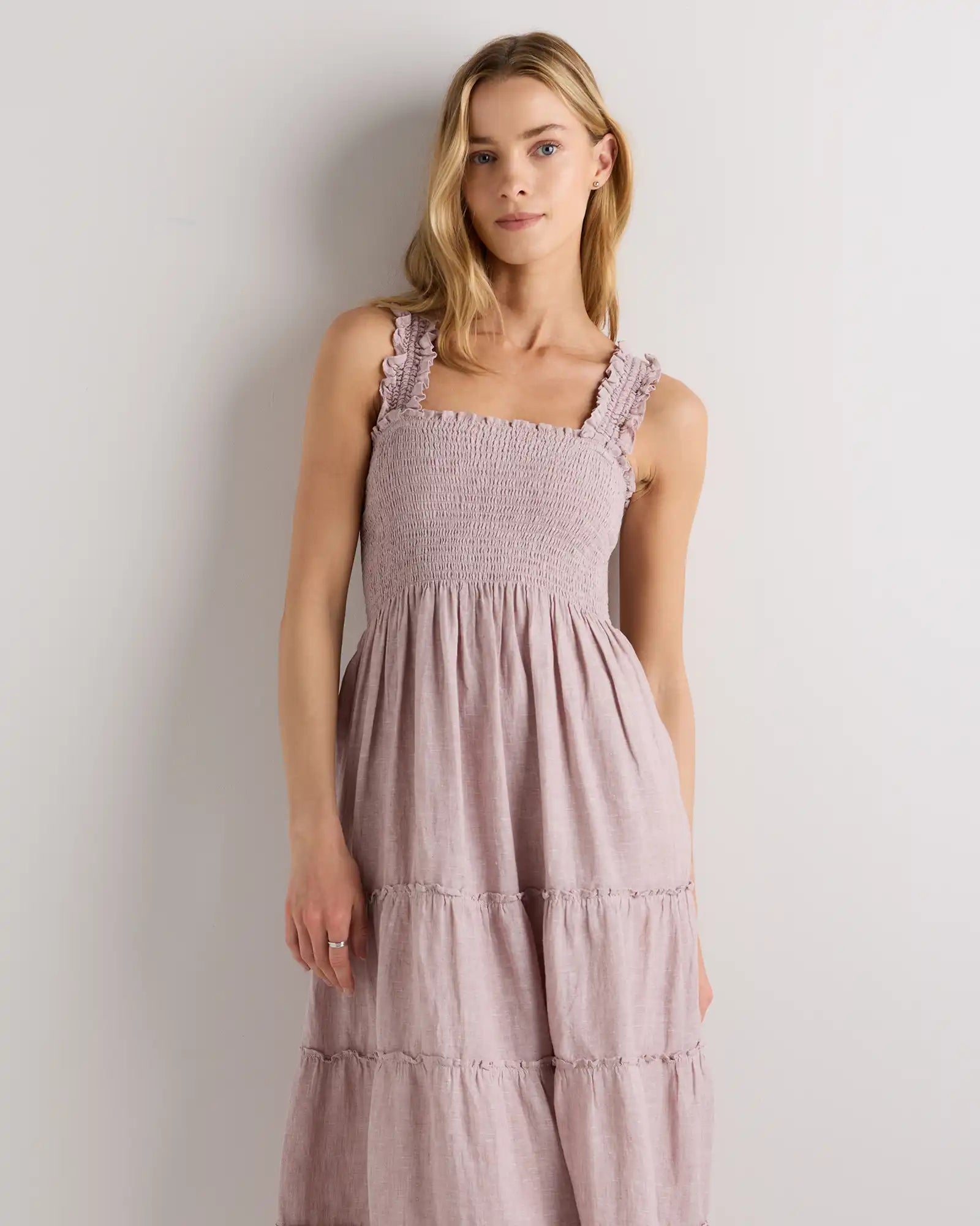 100% European Linen Smocked Midi Dress