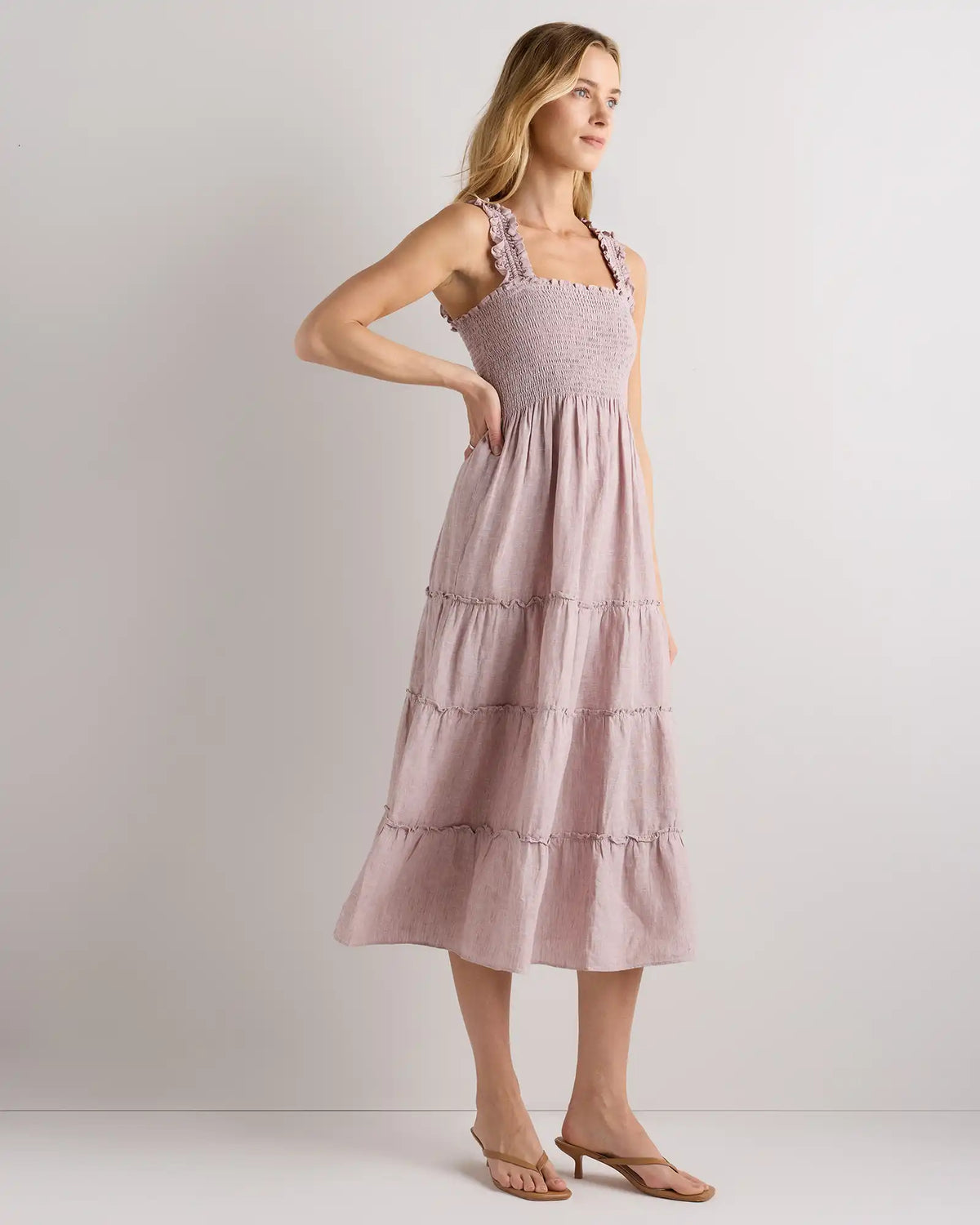 100% European Linen Smocked Midi Dress