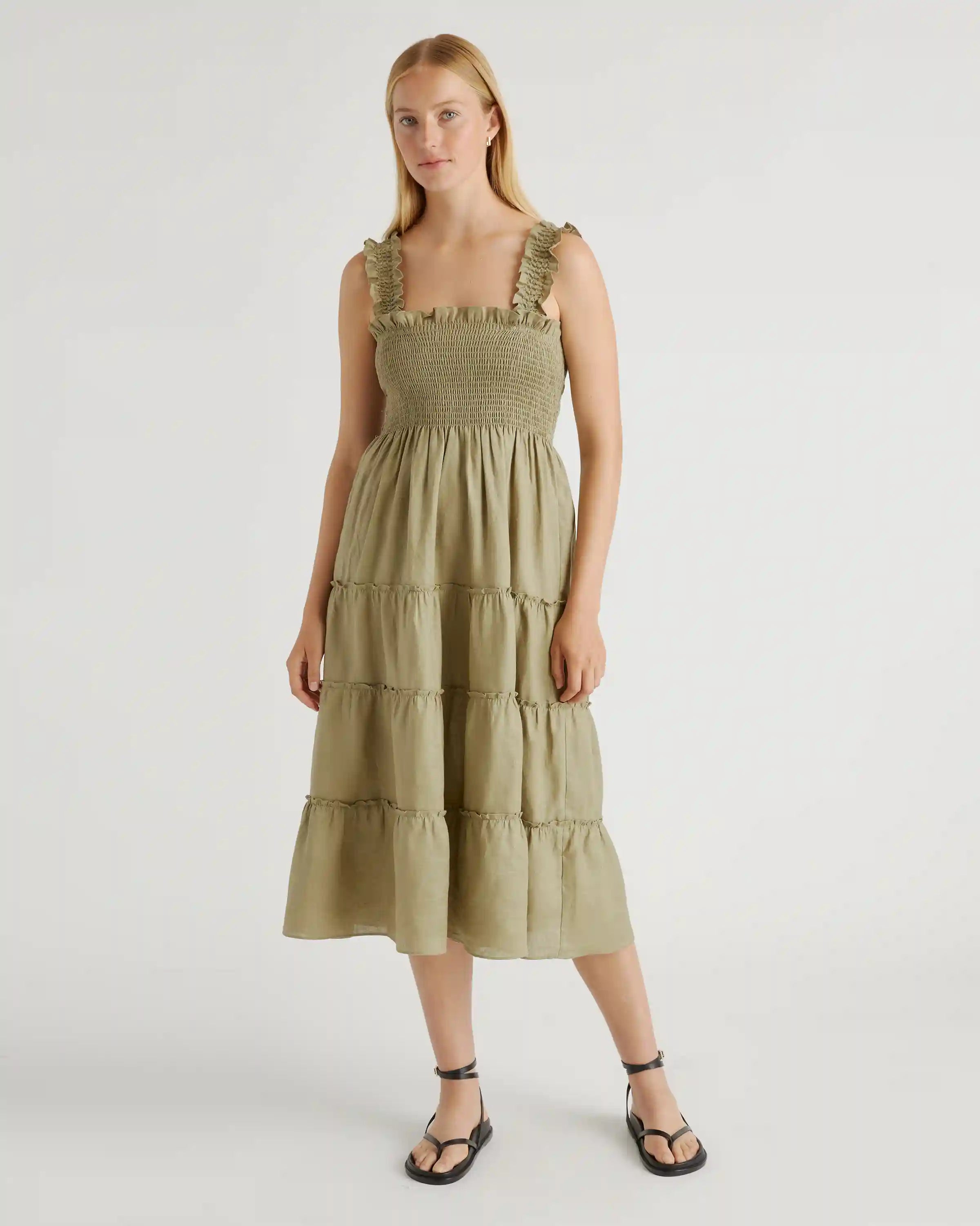 100% European Linen Smocked Midi Dress