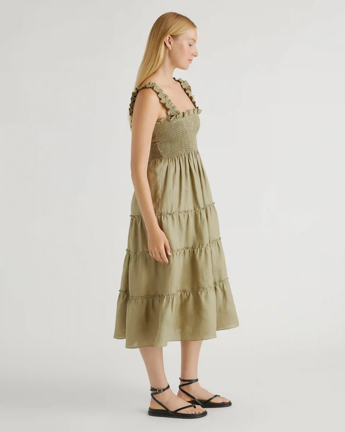 100% European Linen Smocked Midi Dress