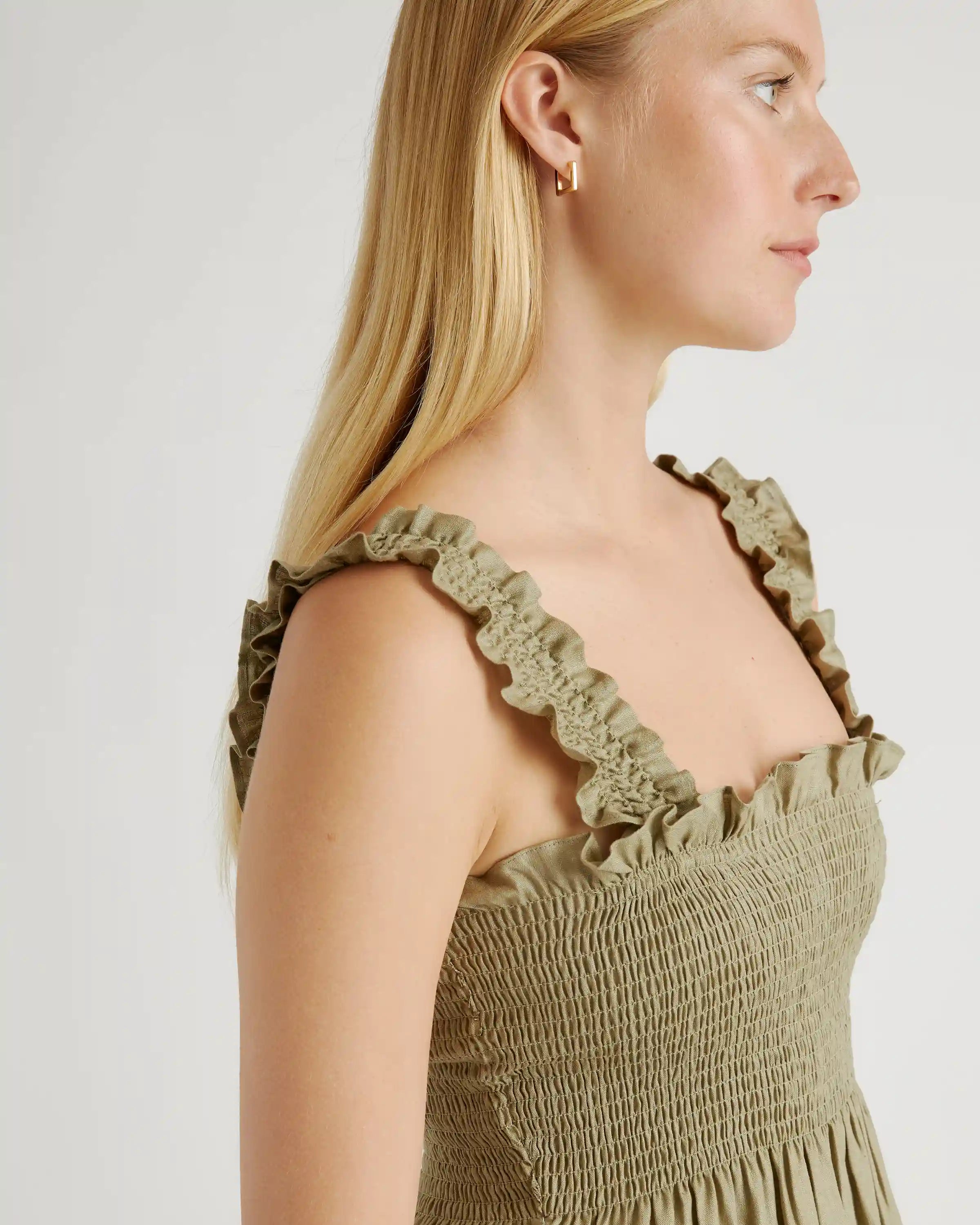 100% European Linen Smocked Midi Dress