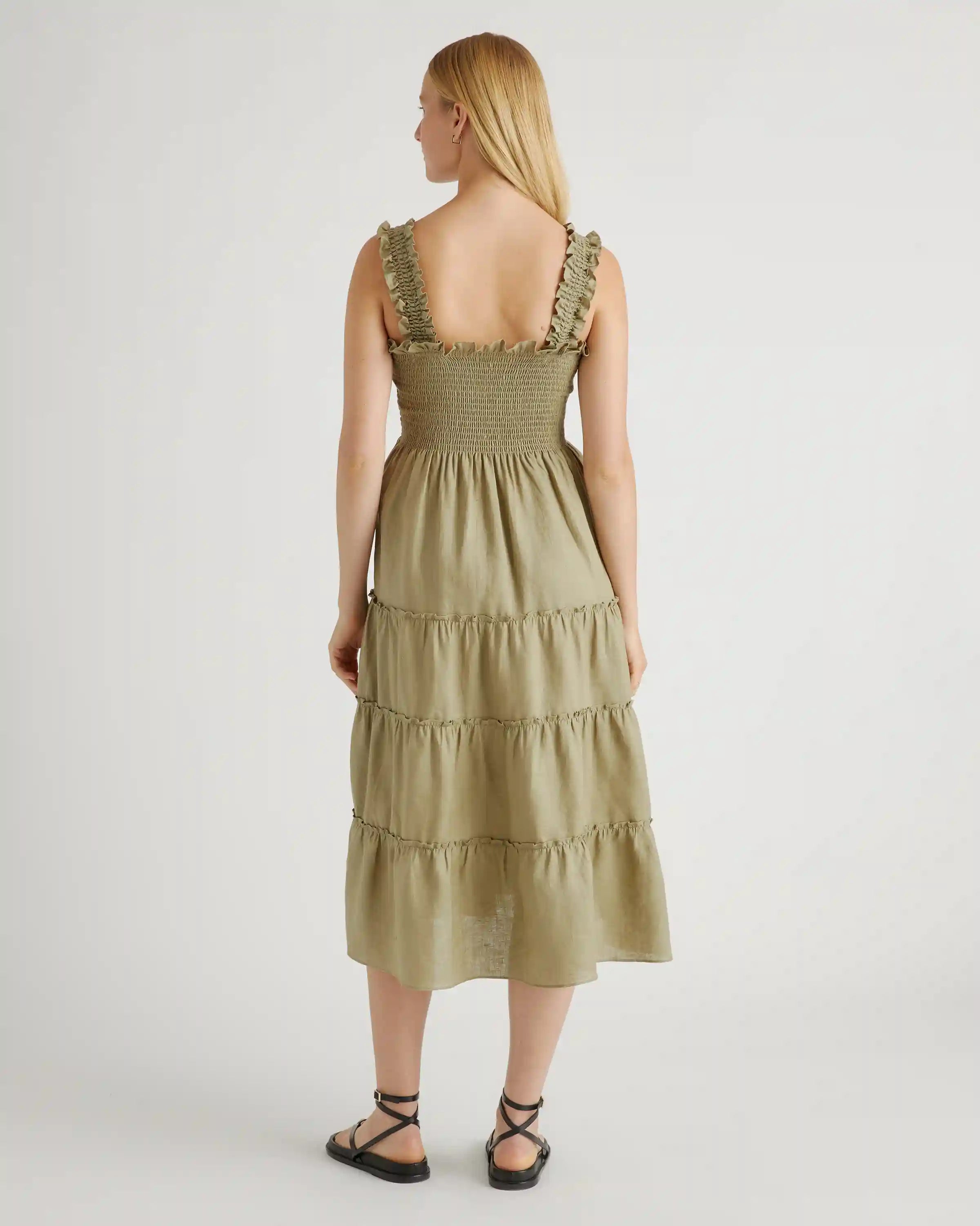 100% European Linen Smocked Midi Dress