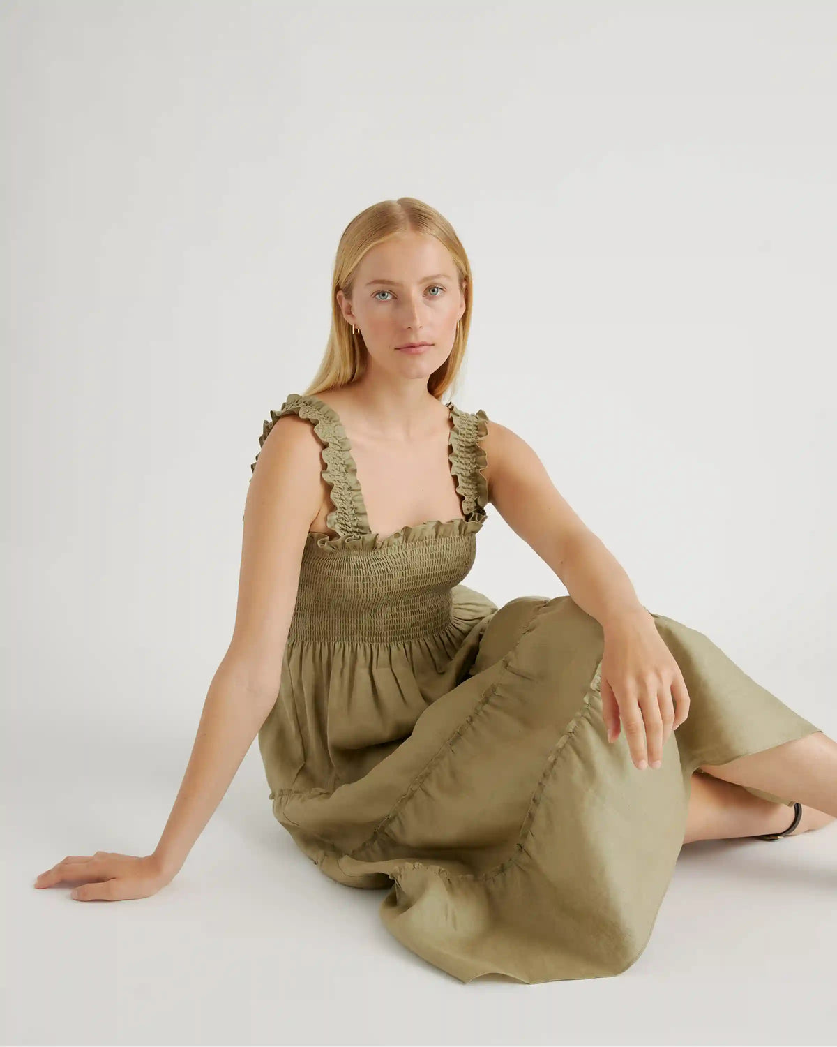 100% European Linen Smocked Midi Dress
