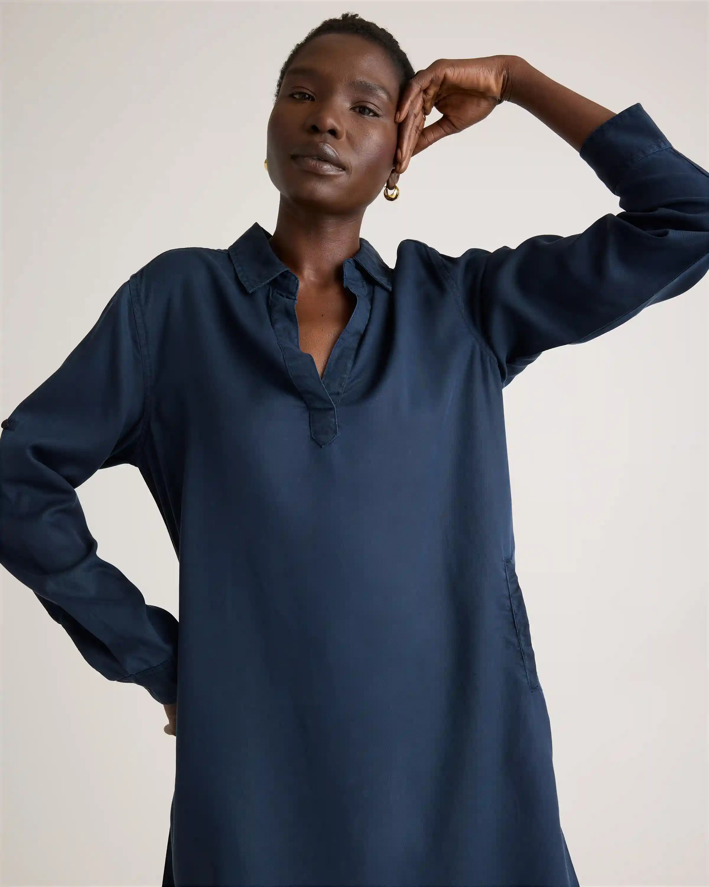 Vintage Wash Tencel Roll Sleeve Tunic Dress