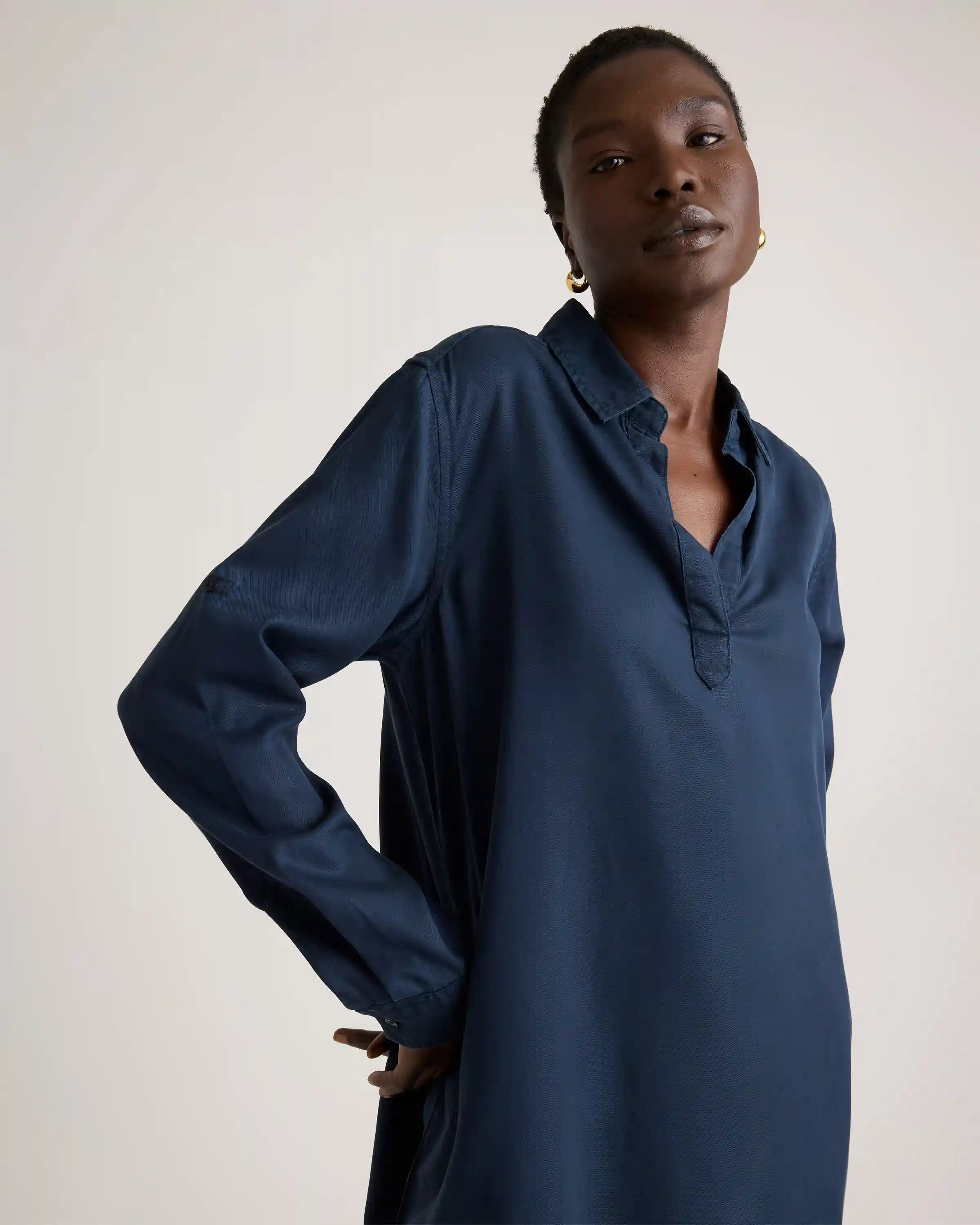 Vintage Wash Tencel Roll Sleeve Tunic Dress