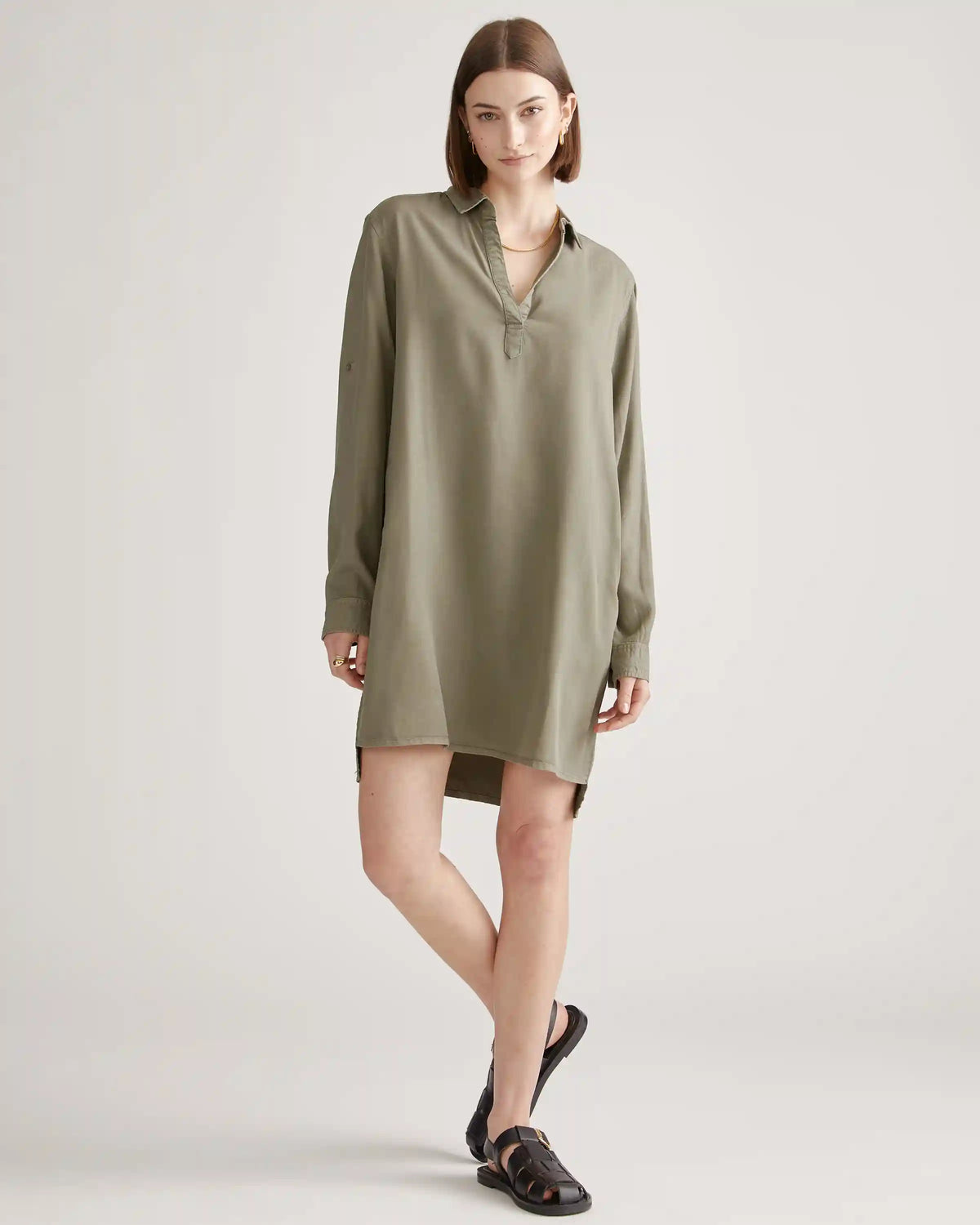 Vintage Wash Tencel Roll Sleeve Tunic Dress