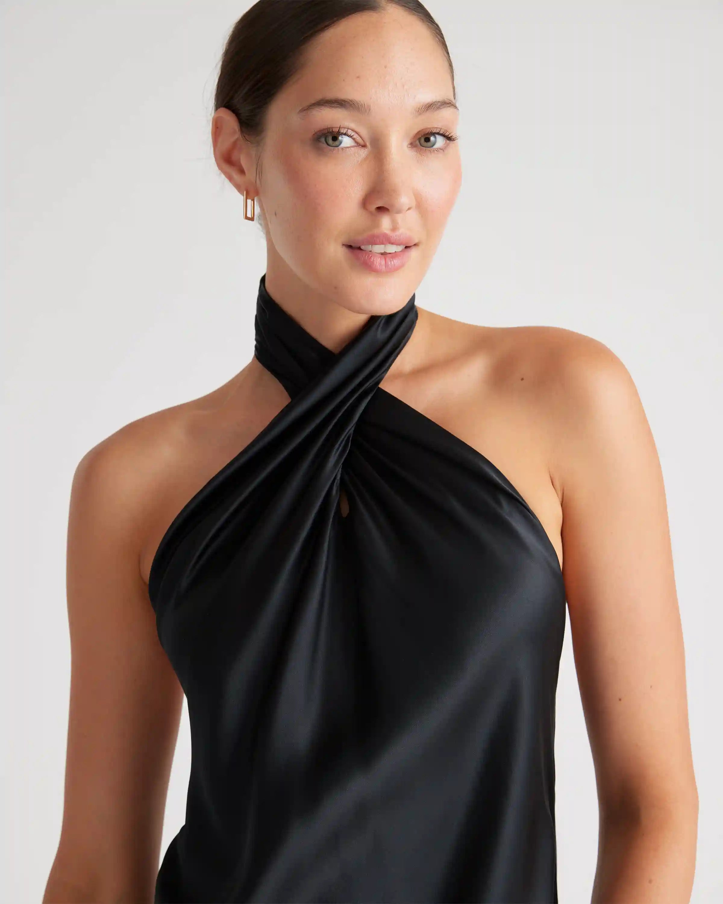 100% Washable Silk Twist Halter Midi Dress