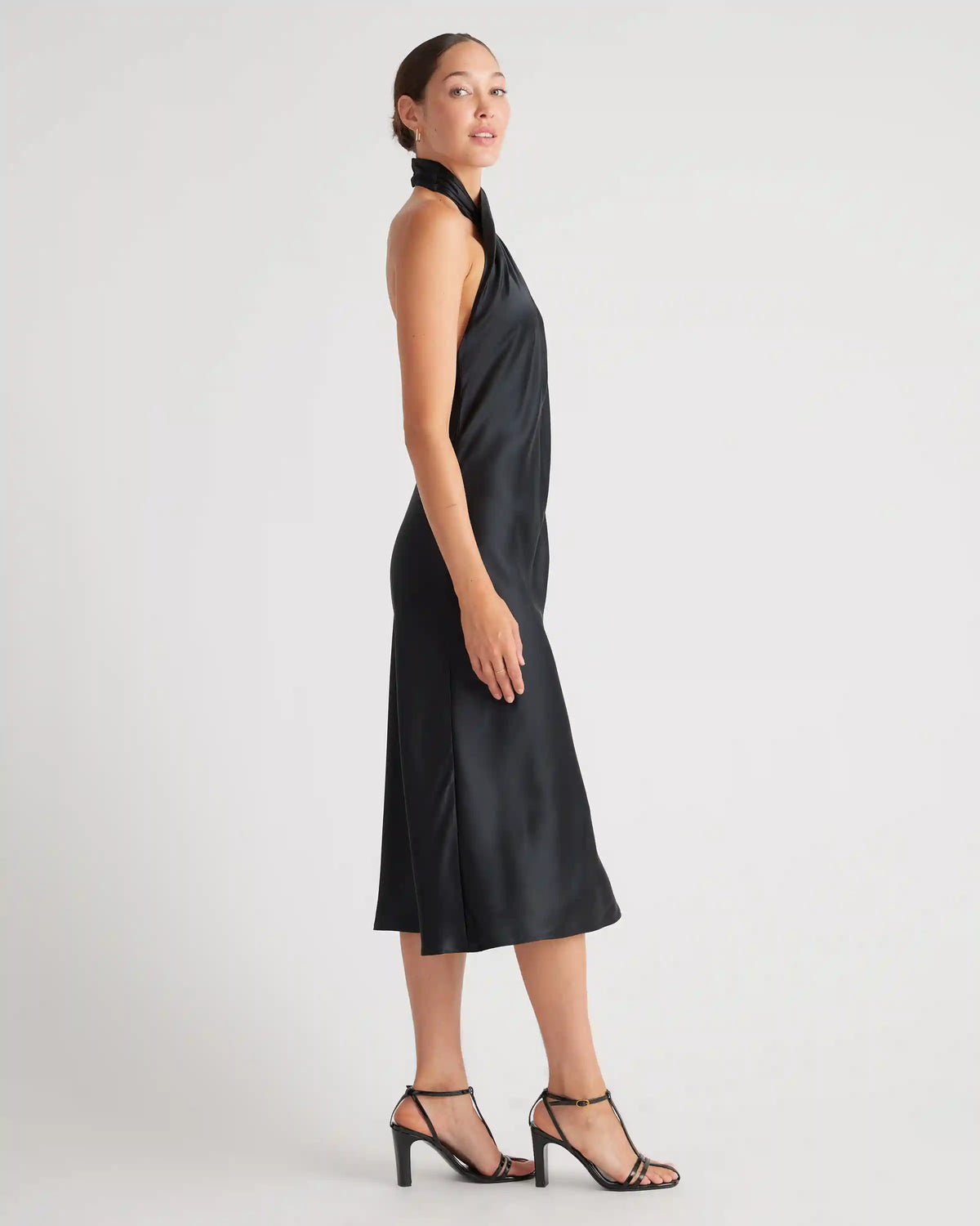 100% Washable Silk Twist Halter Midi Dress