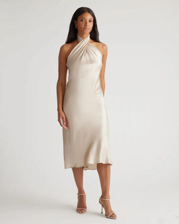 100% Washable Silk Twist Halter Midi Dress