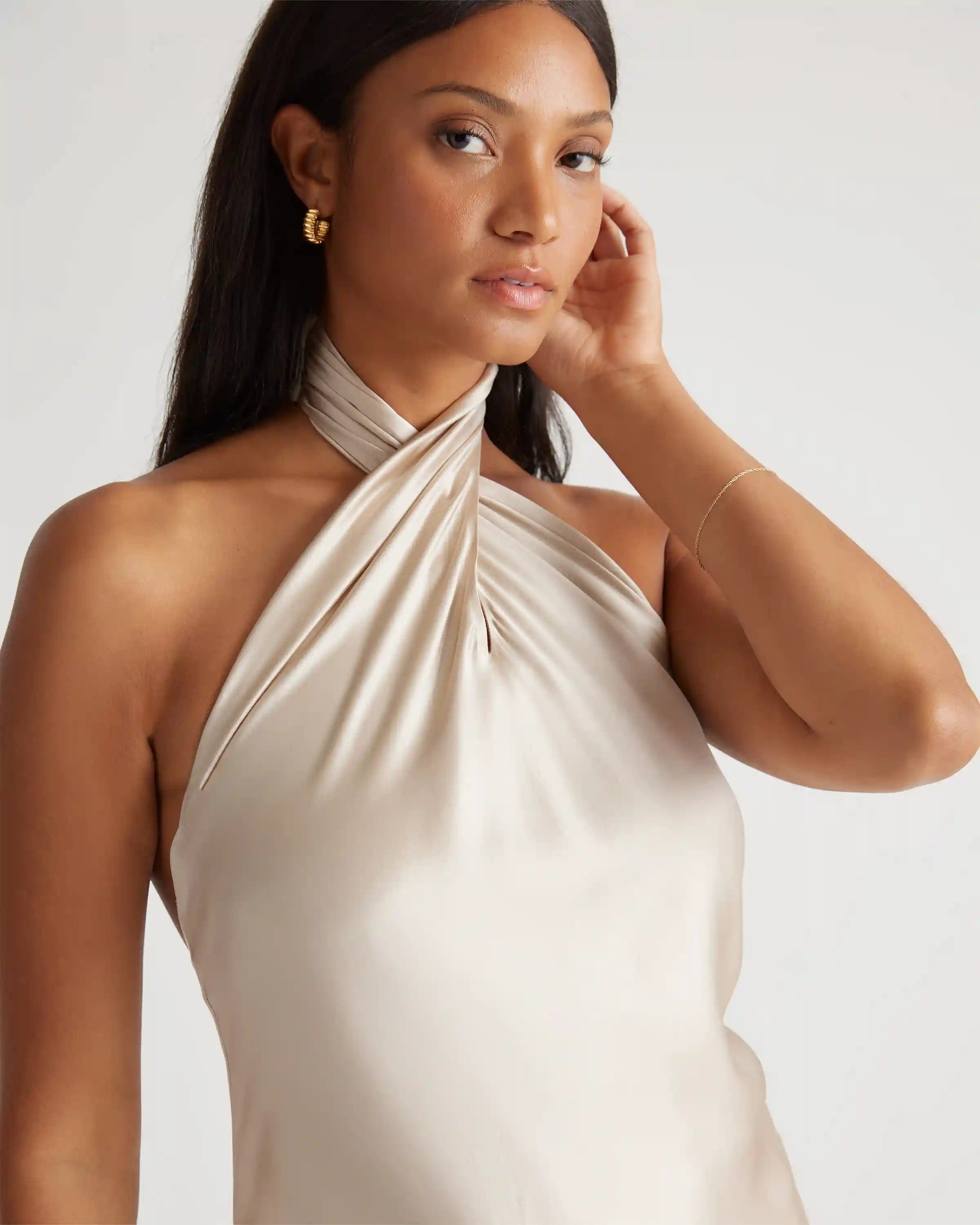 100% Washable Silk Twist Halter Midi Dress