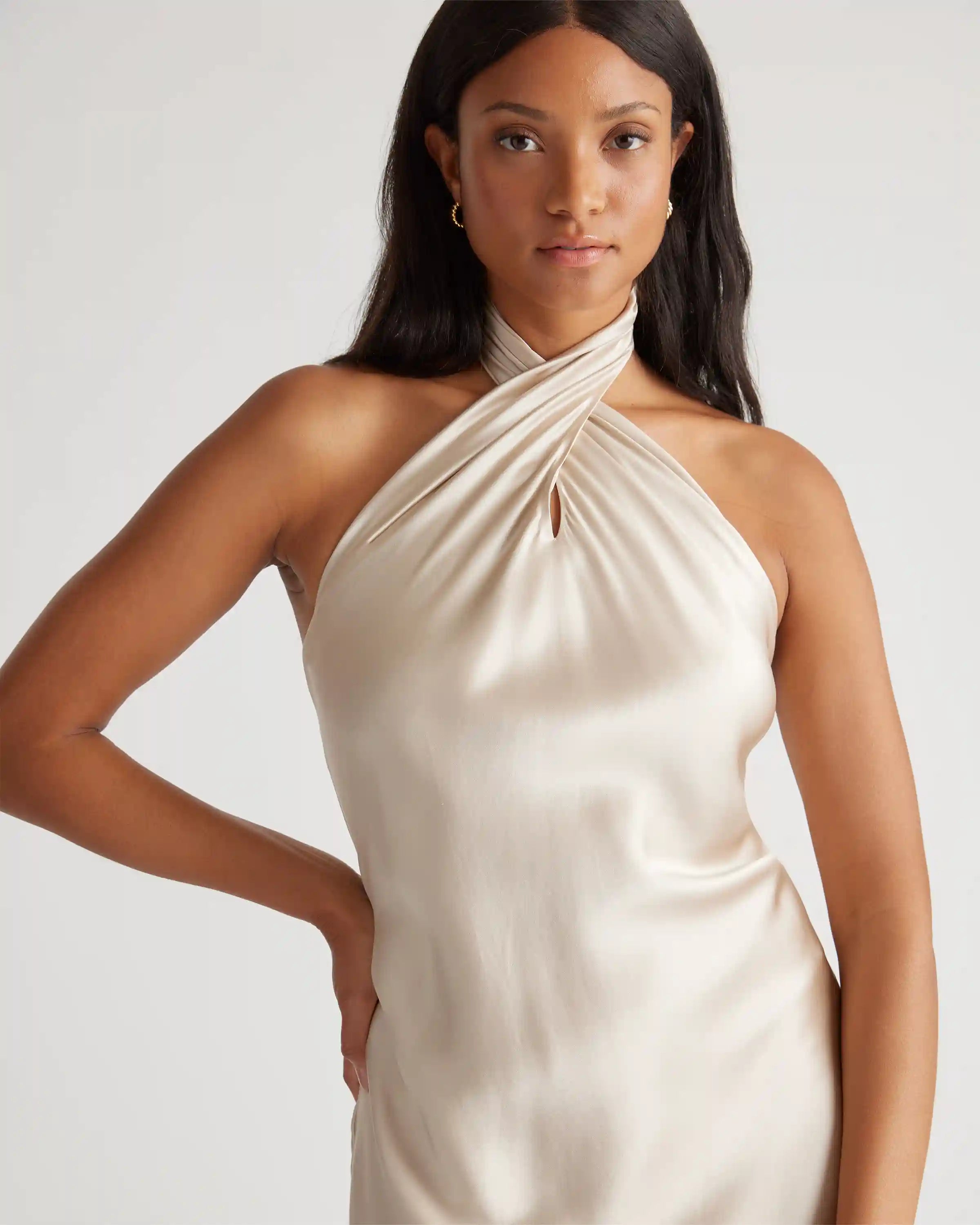 100% Washable Silk Twist Halter Midi Dress