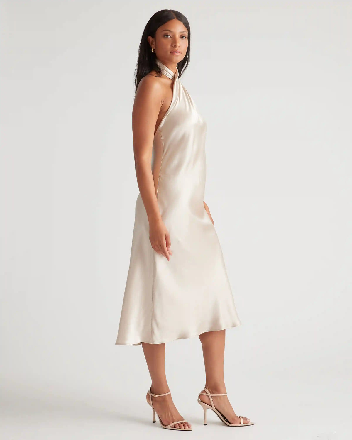 100% Washable Silk Twist Halter Midi Dress