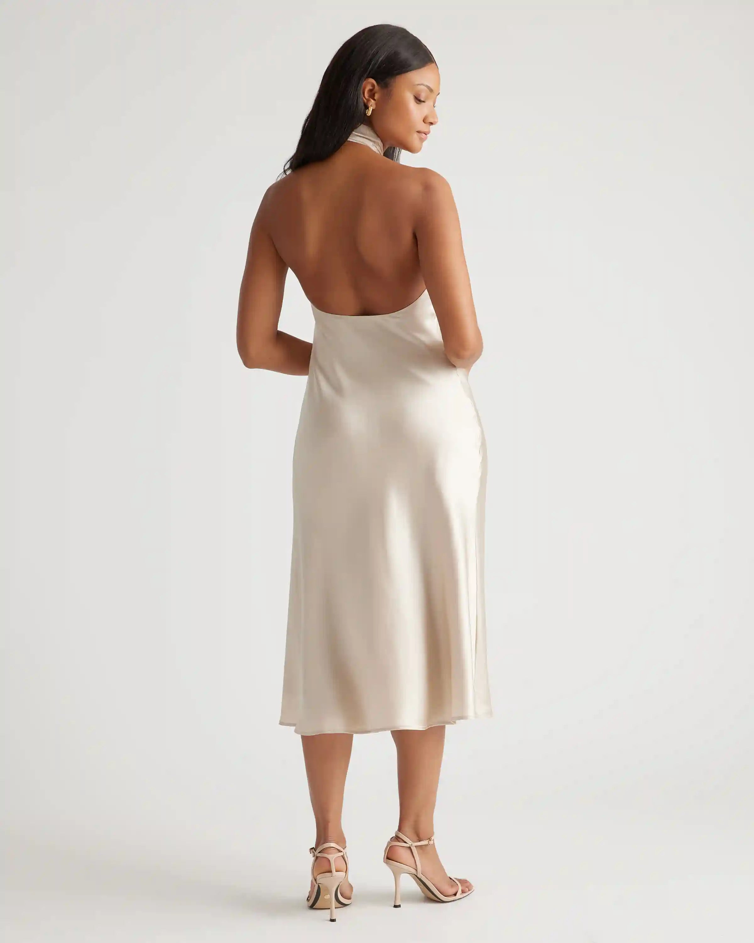 100% Washable Silk Twist Halter Midi Dress