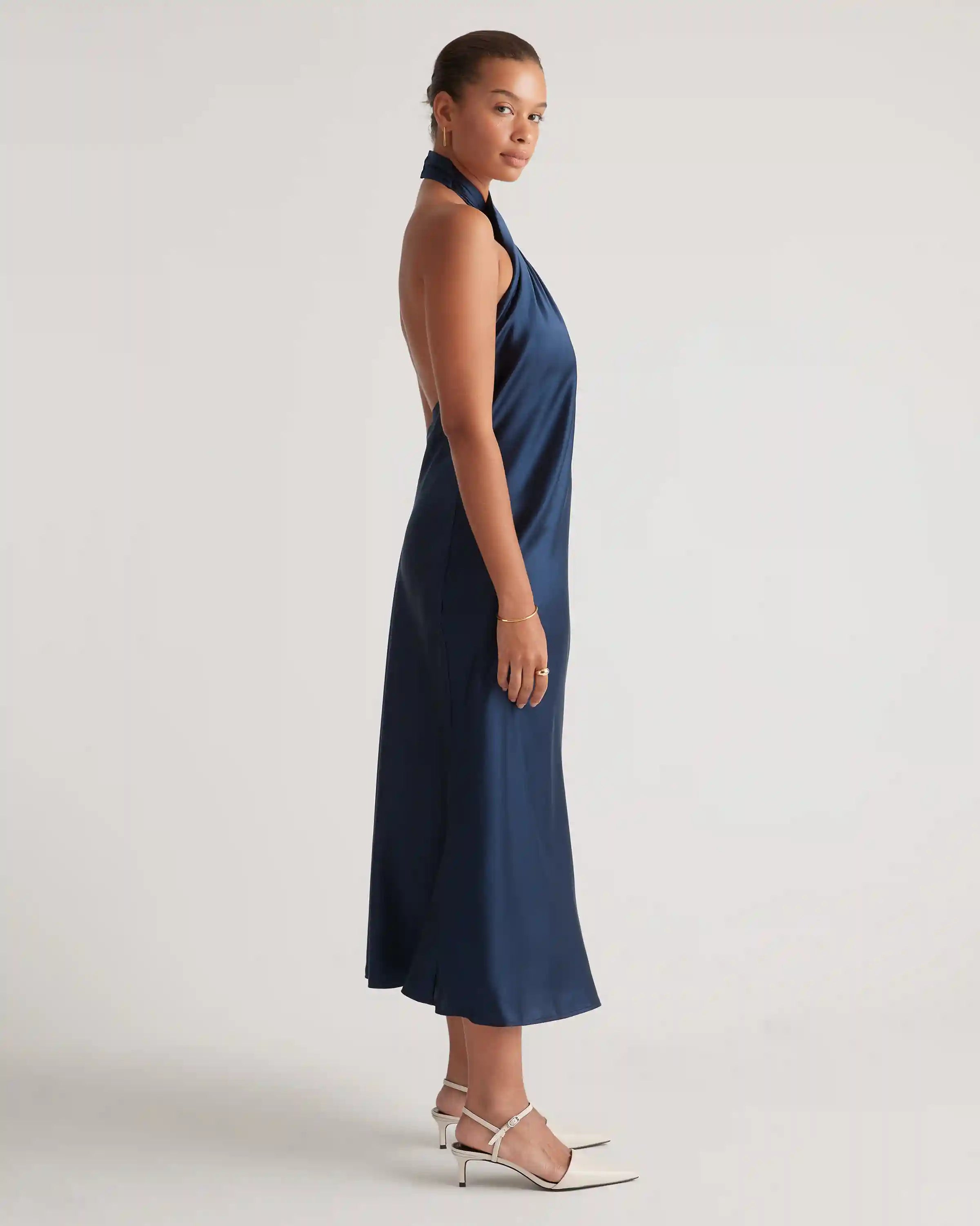 100% Washable Silk Twist Halter Midi Dress