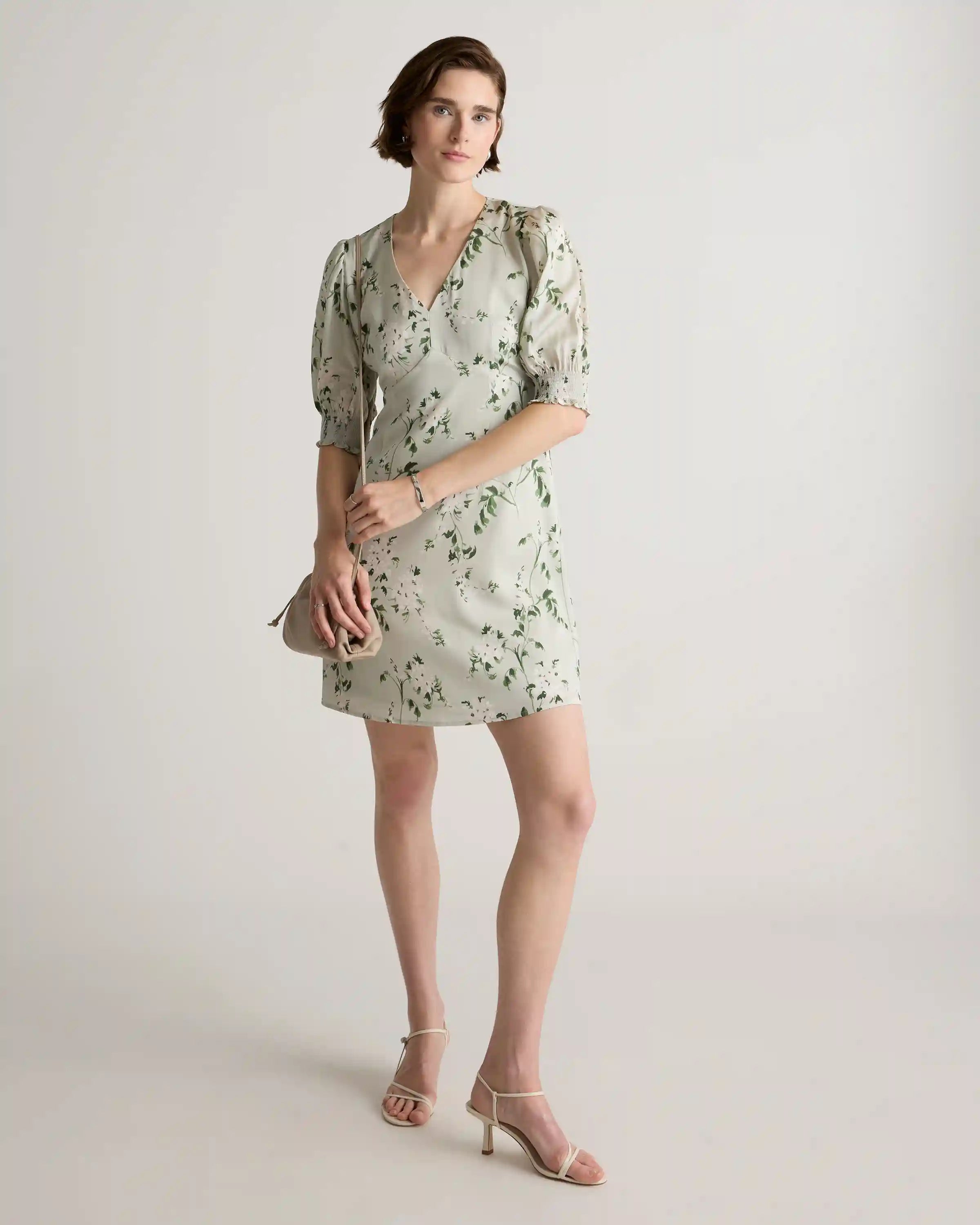 Washable Stretch Silk Puff Sleeve Mini Dress