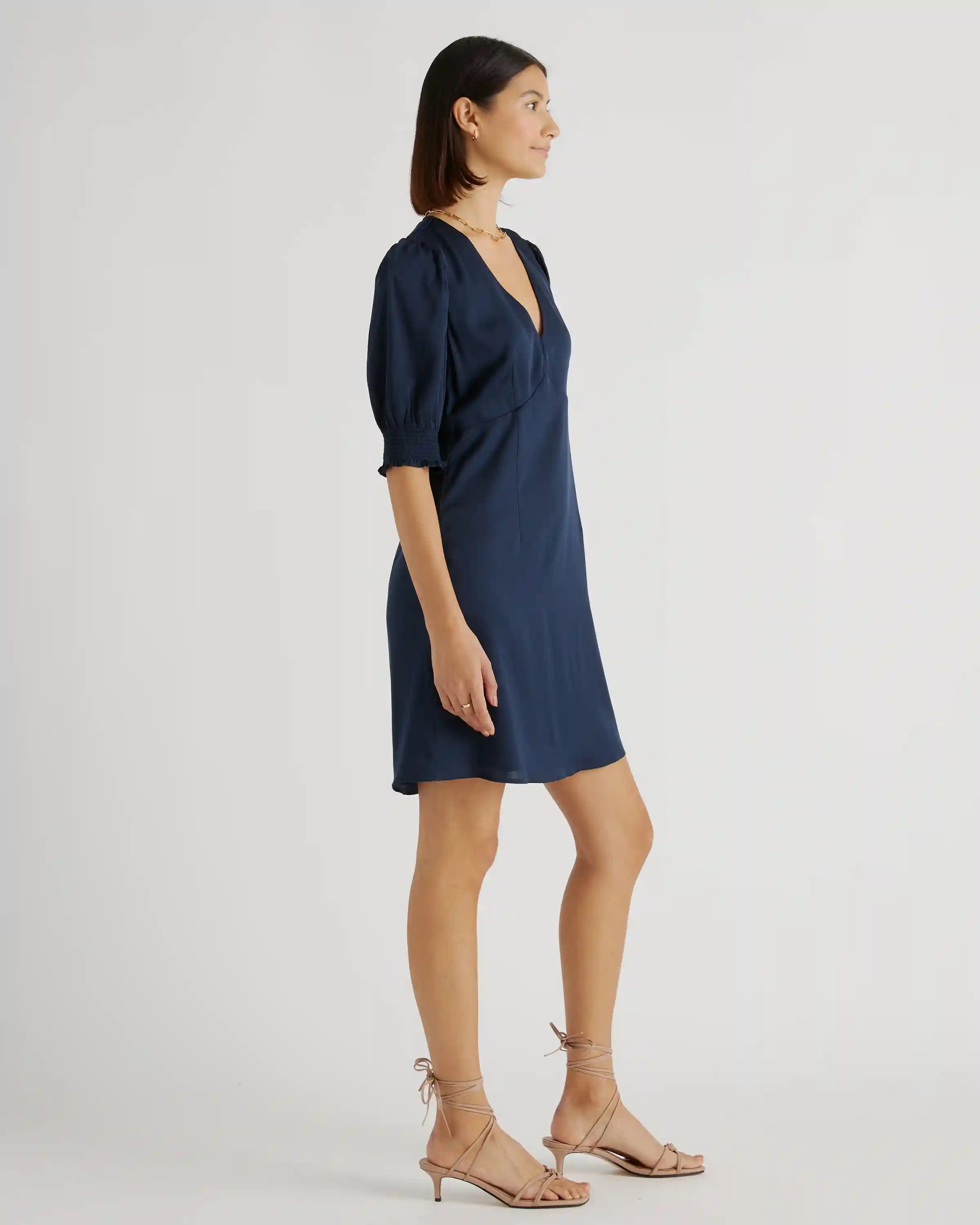 Washable Stretch Silk Puff Sleeve Mini Dress