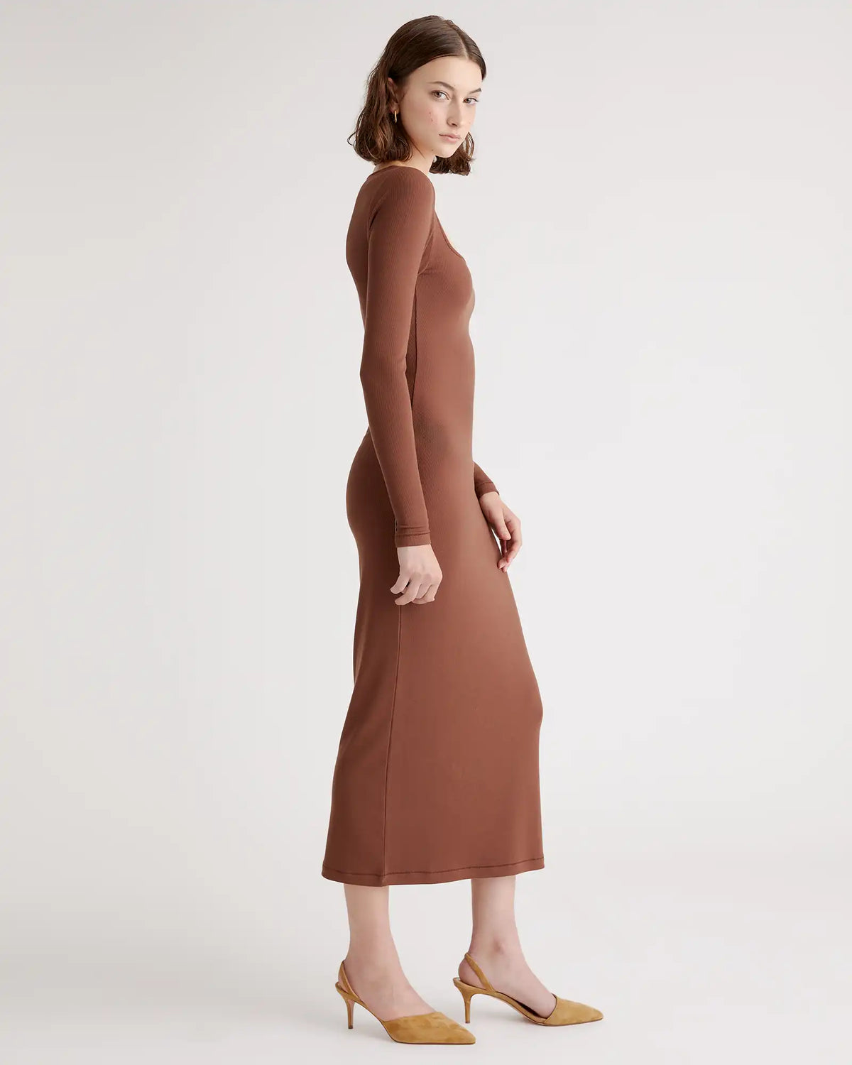 Tencel Rib Knit Long Sleeve Square Neck Dress