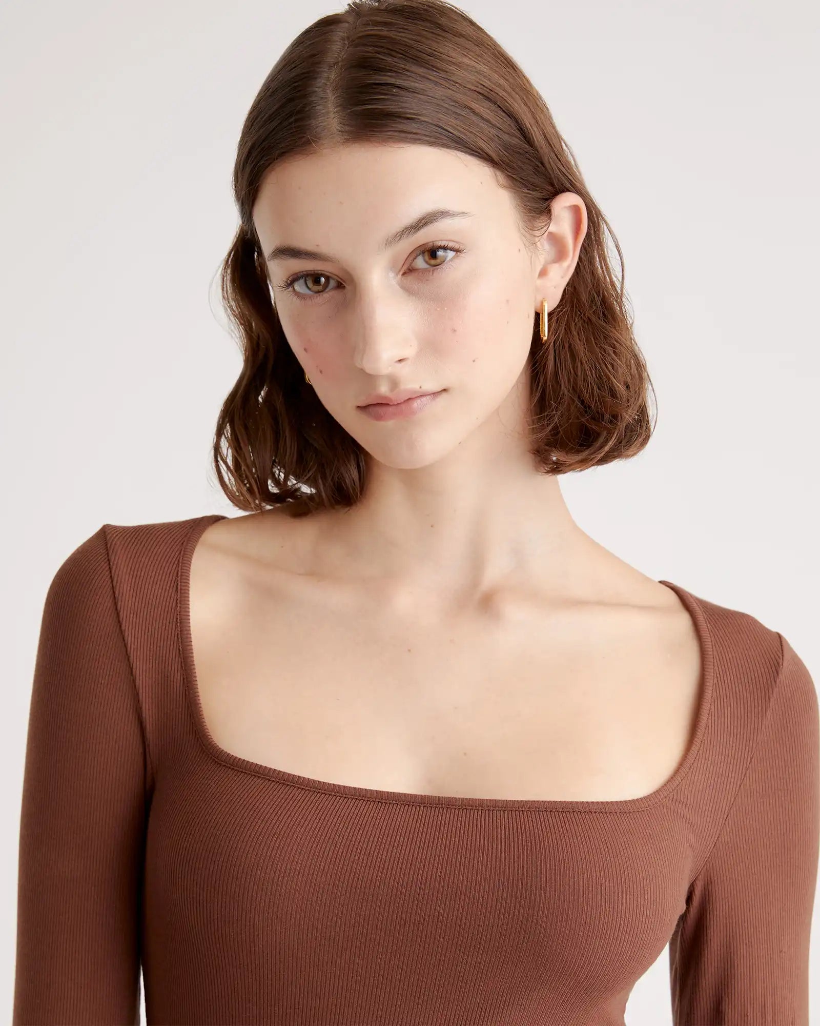 Tencel Rib Knit Long Sleeve Square Neck Dress
